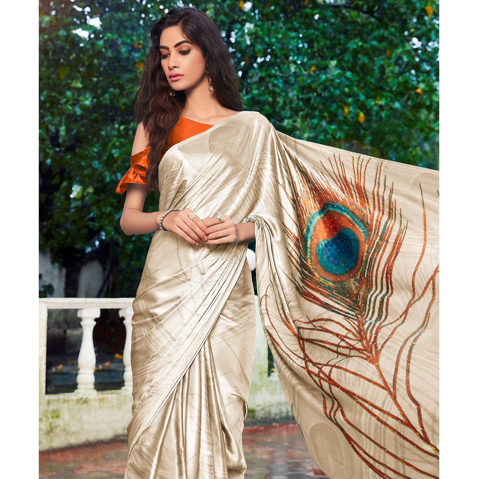 Cream Printed Pure Silk Saree - Peachmode