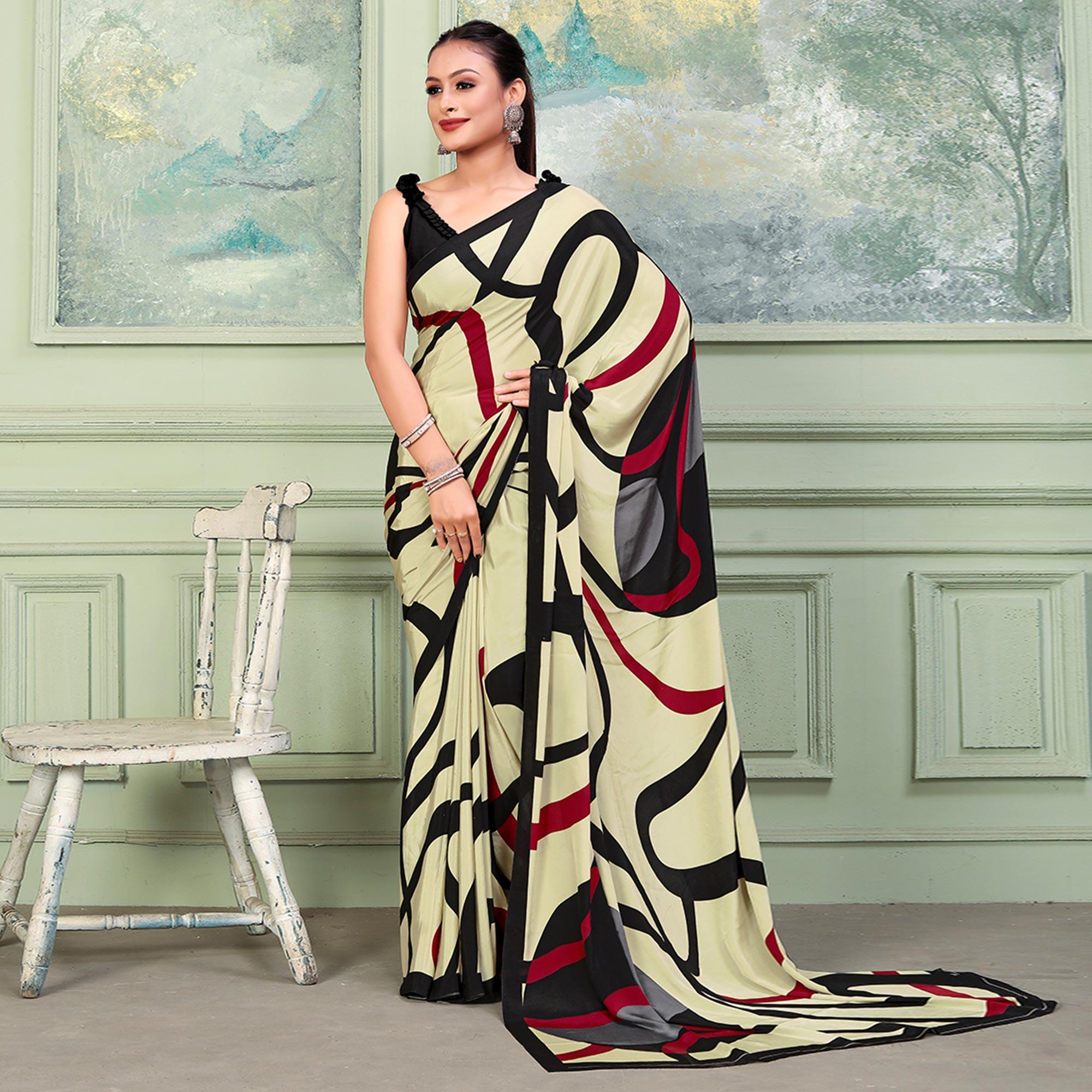 Cream Printed Raw Silk Saree - Peachmode