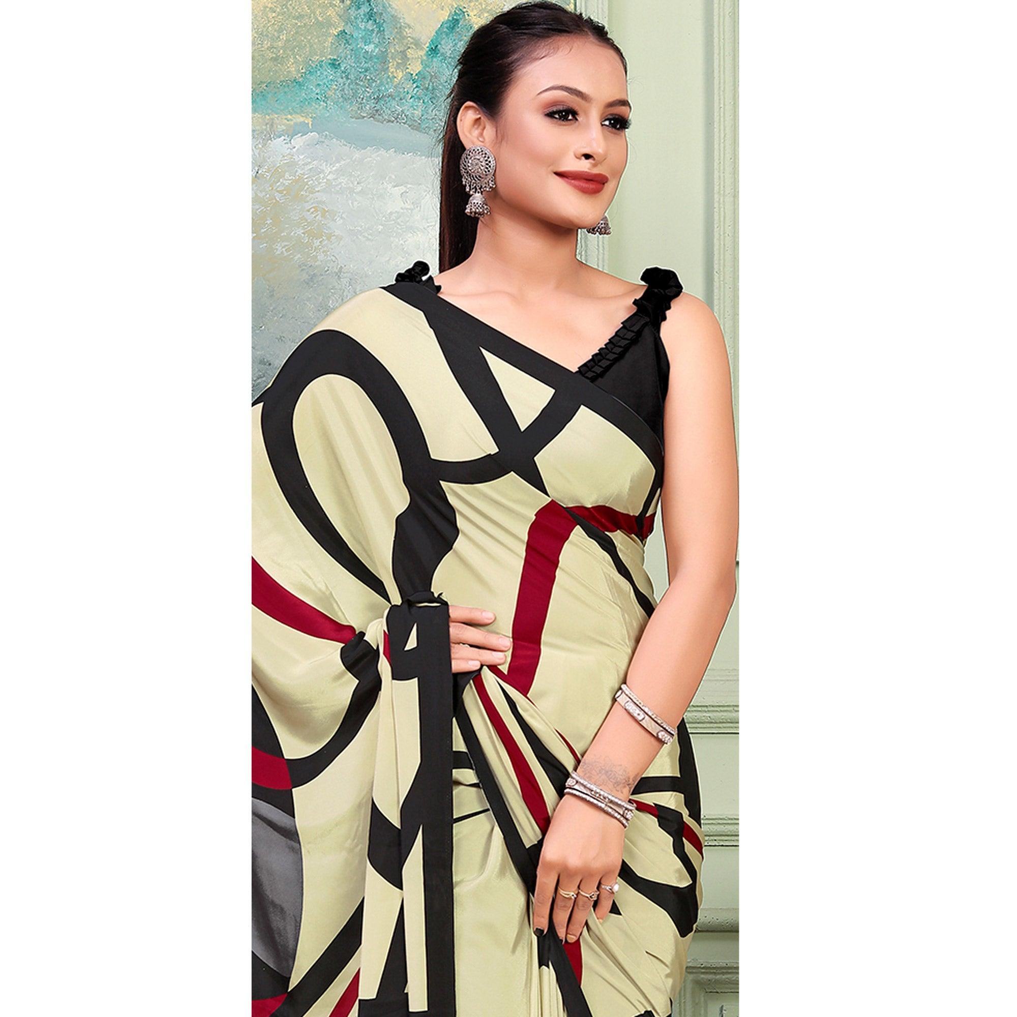 Cream Printed Raw Silk Saree - Peachmode