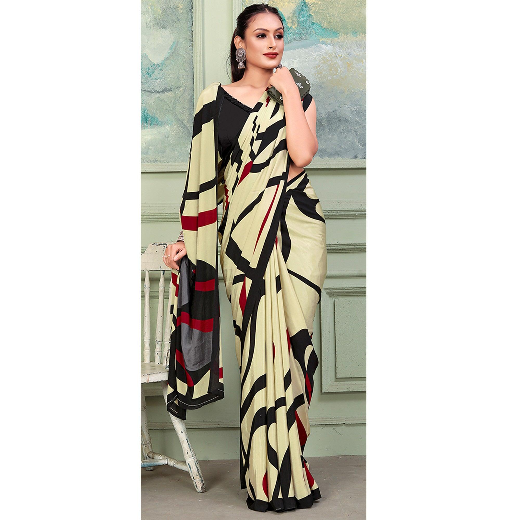 Cream Printed Raw Silk Saree - Peachmode