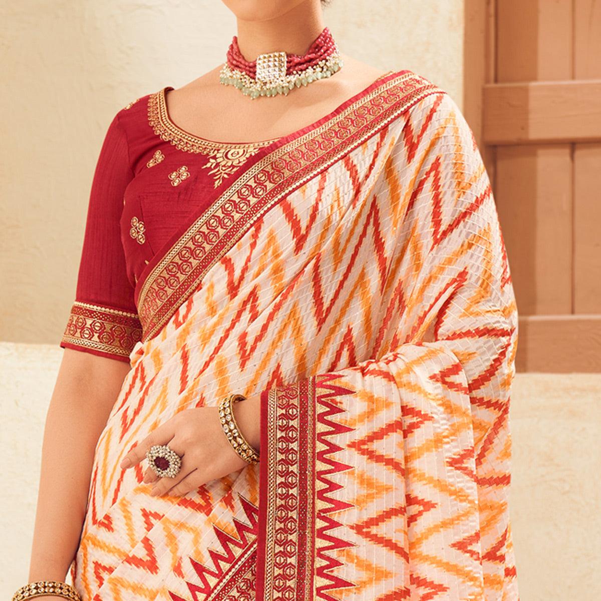 Cream Printed With Embellished Chiffon Saree With Tassels - Peachmode