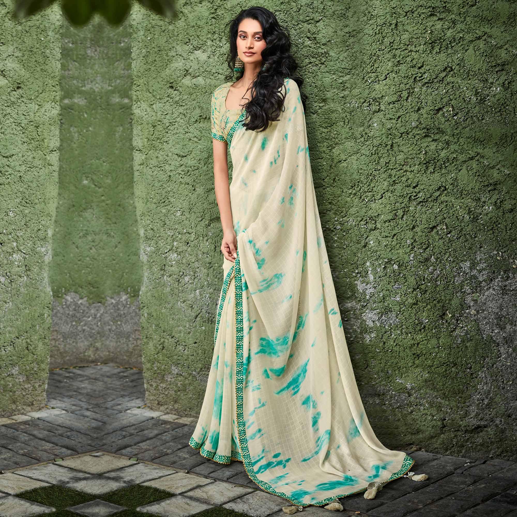 Cream Printed With Gota Patti Border Georgette Saree - Peachmode