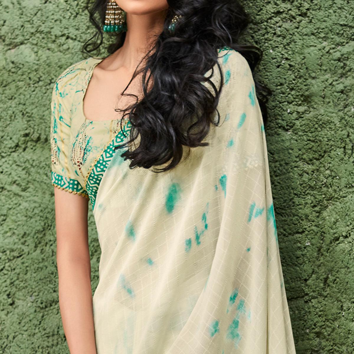 Cream Printed With Gota Patti Border Georgette Saree - Peachmode