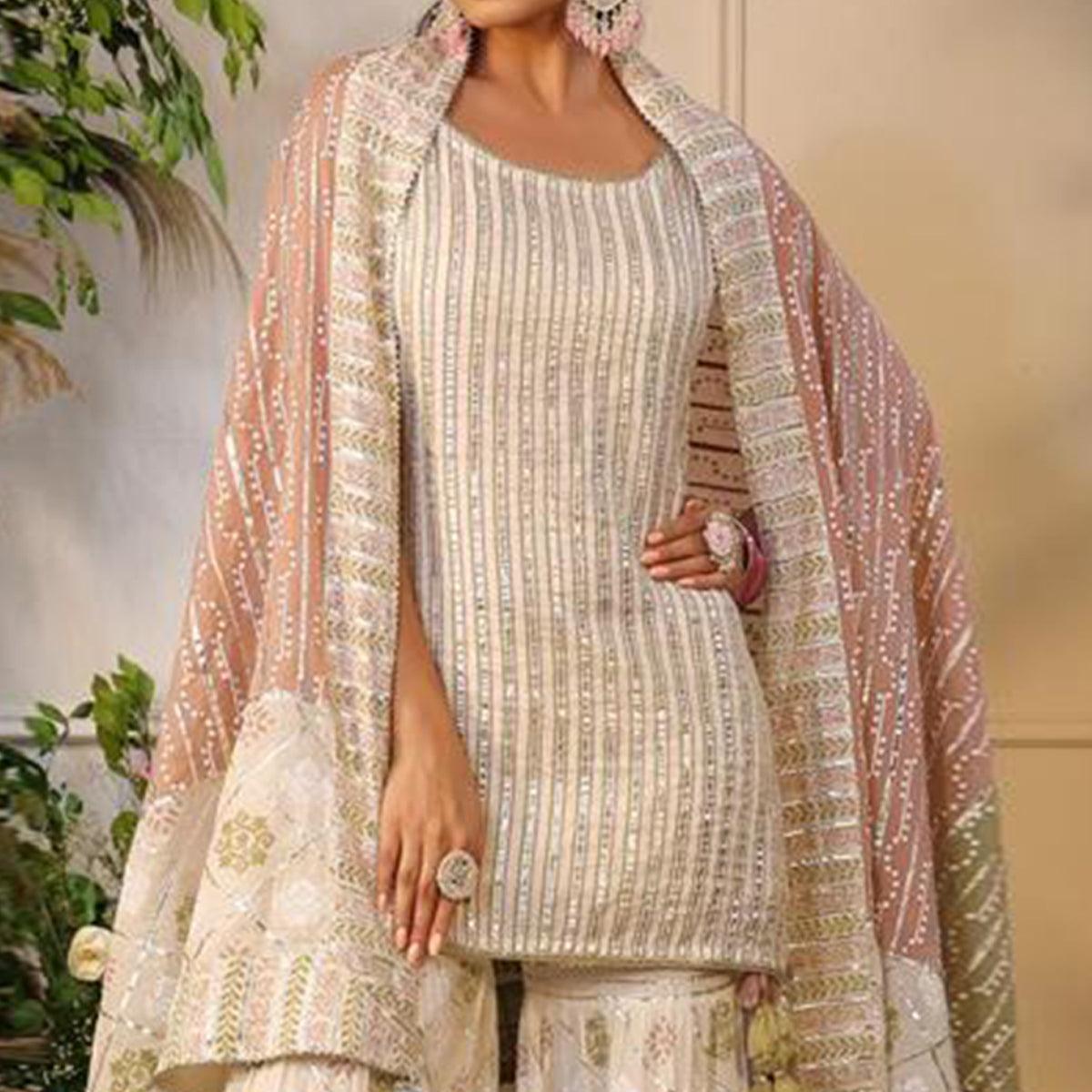 Cream Printed With Gota Work Pure Cotton Sharara Suit - Peachmode