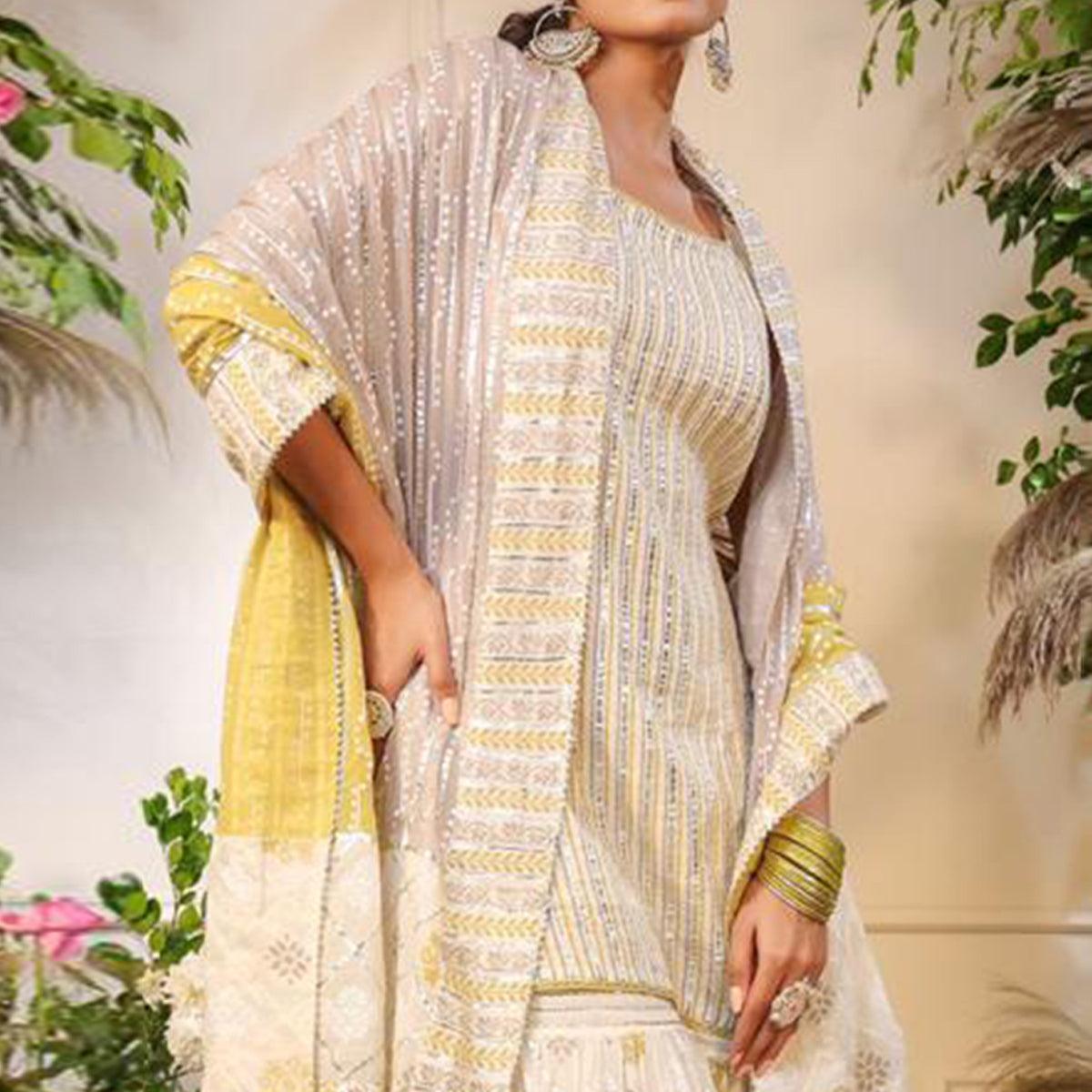 Cream Printed With Gota Work Pure Cotton Sharara Suit - Peachmode