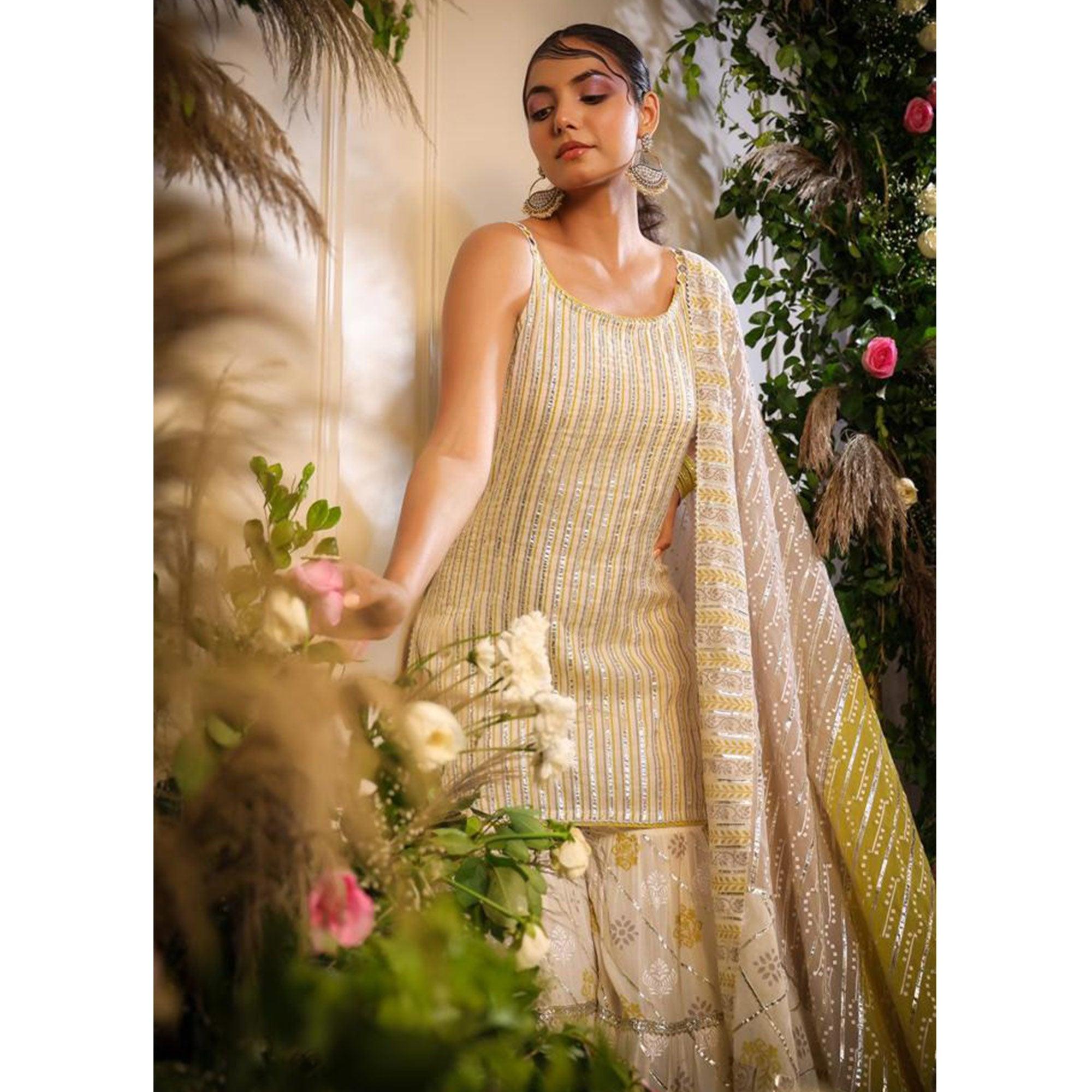 Cream Printed With Gota Work Pure Cotton Sharara Suit - Peachmode