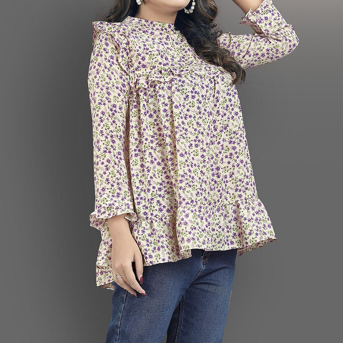 Cream-Purple Casual Wear Floral Printed Lycra Top - Peachmode