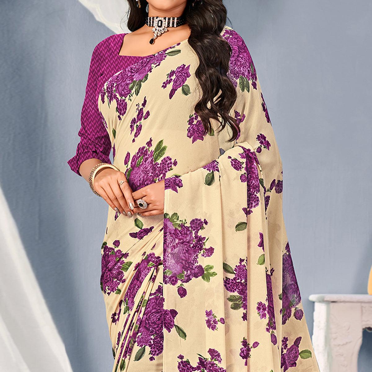 Cream-Purple Floral Printed Georgette Saree - Peachmode