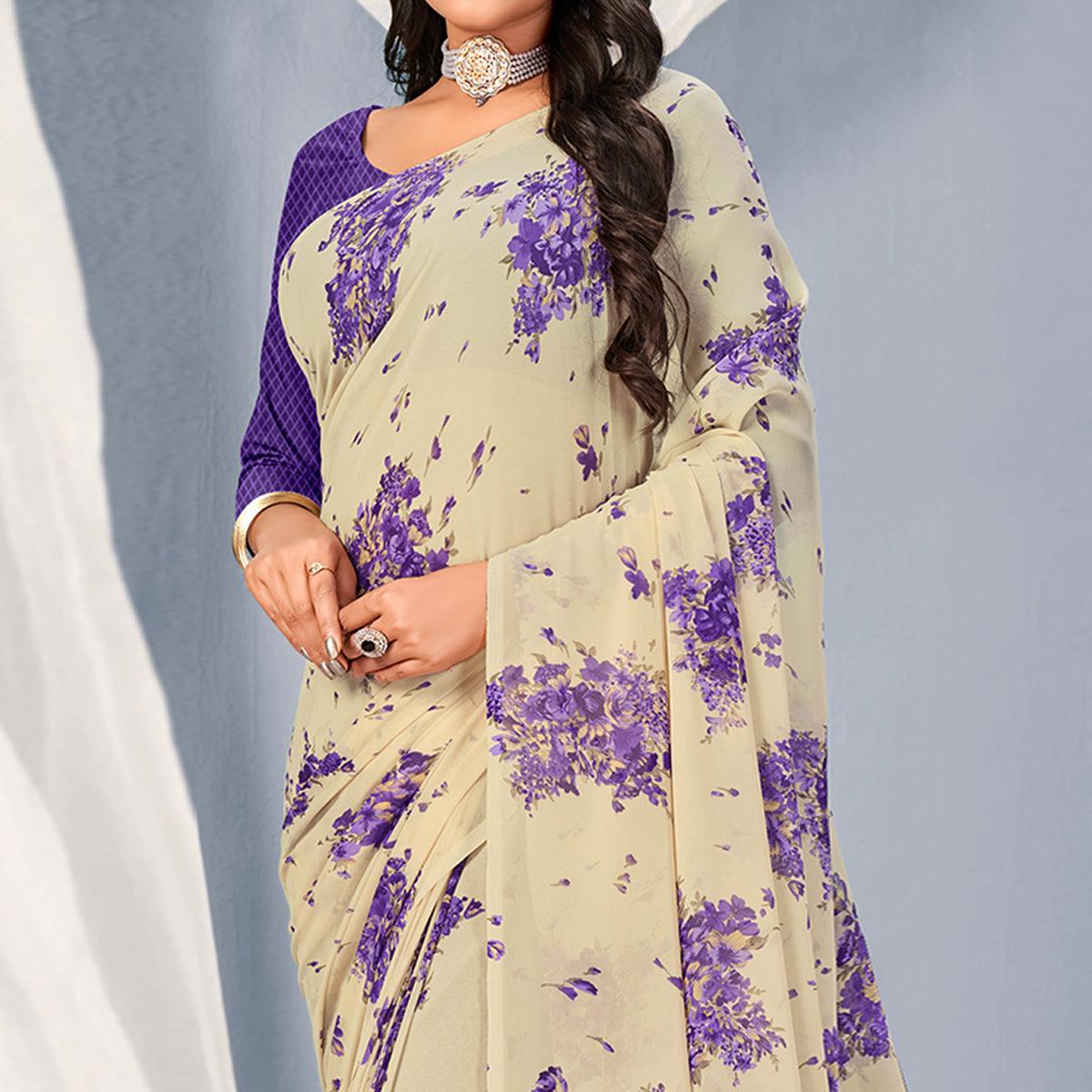 Cream-Purple Floral Printed Georgette Saree - Peachmode