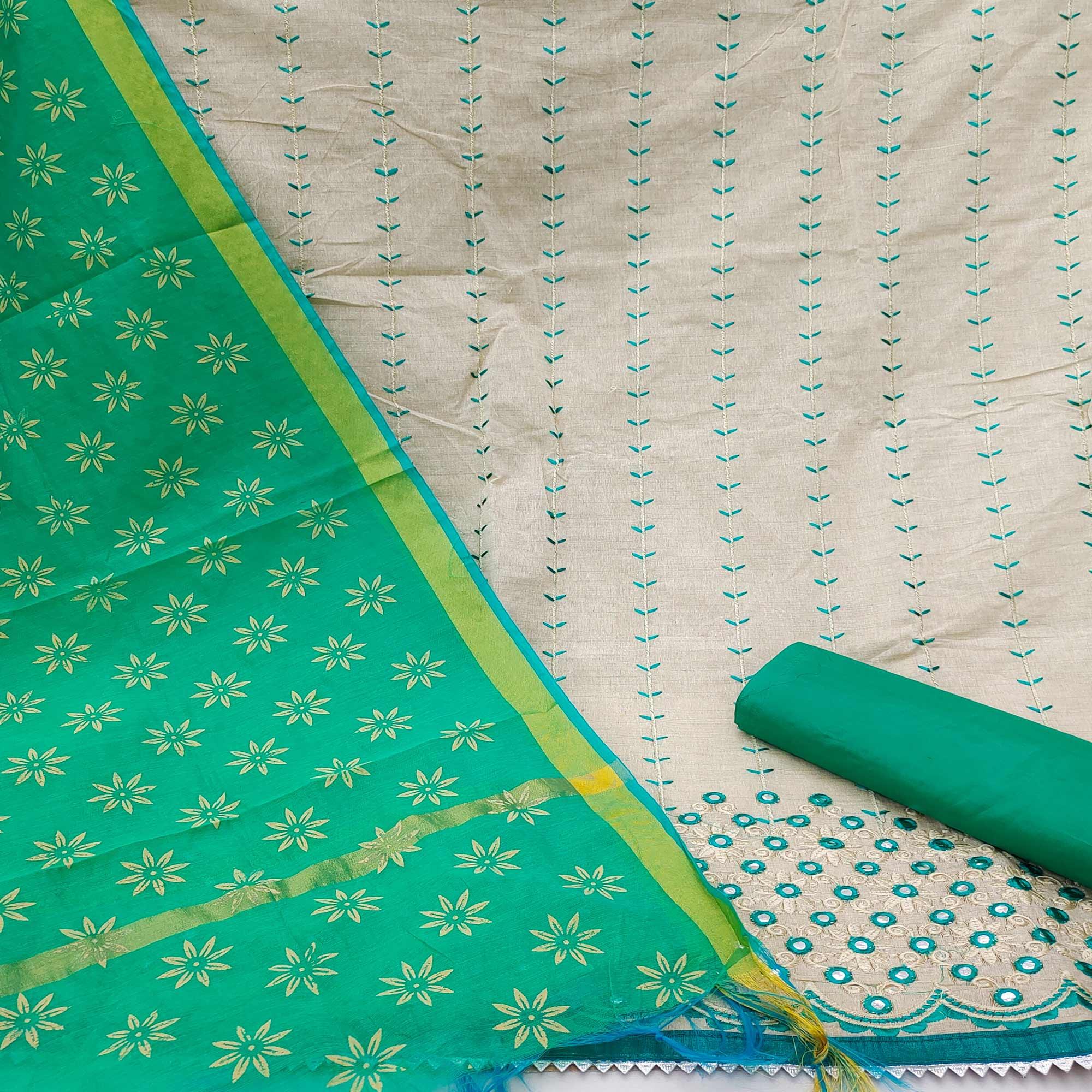 Cream - Rama Festive Wear Embroidery With Mirror Work Cotton Dress Material - Peachmode