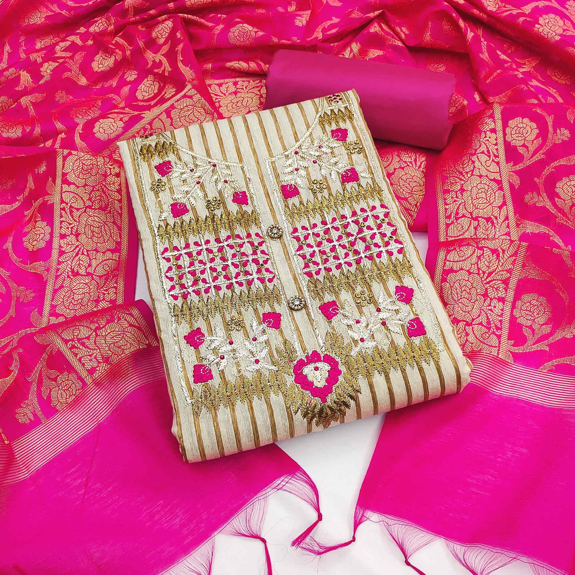Cream-Rani Pink Embroidered Poly Cotton Dress Material - Peachmode