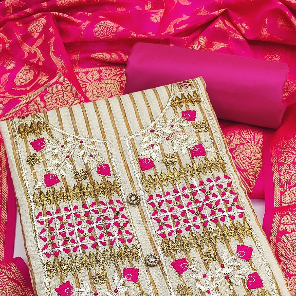 Cream-Rani Pink Embroidered Poly Cotton Dress Material - Peachmode