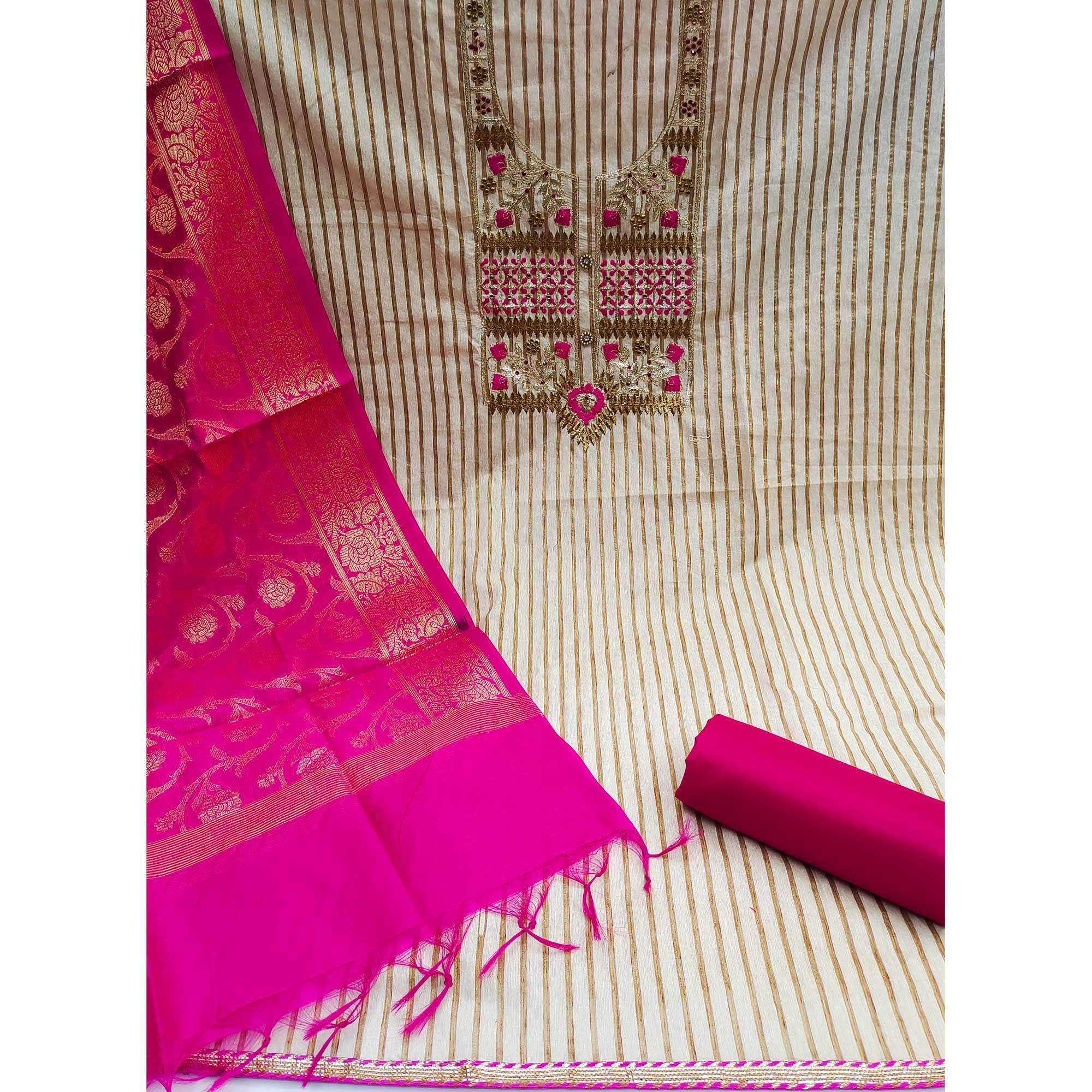 Cream-Rani Pink Embroidered Poly Cotton Dress Material - Peachmode