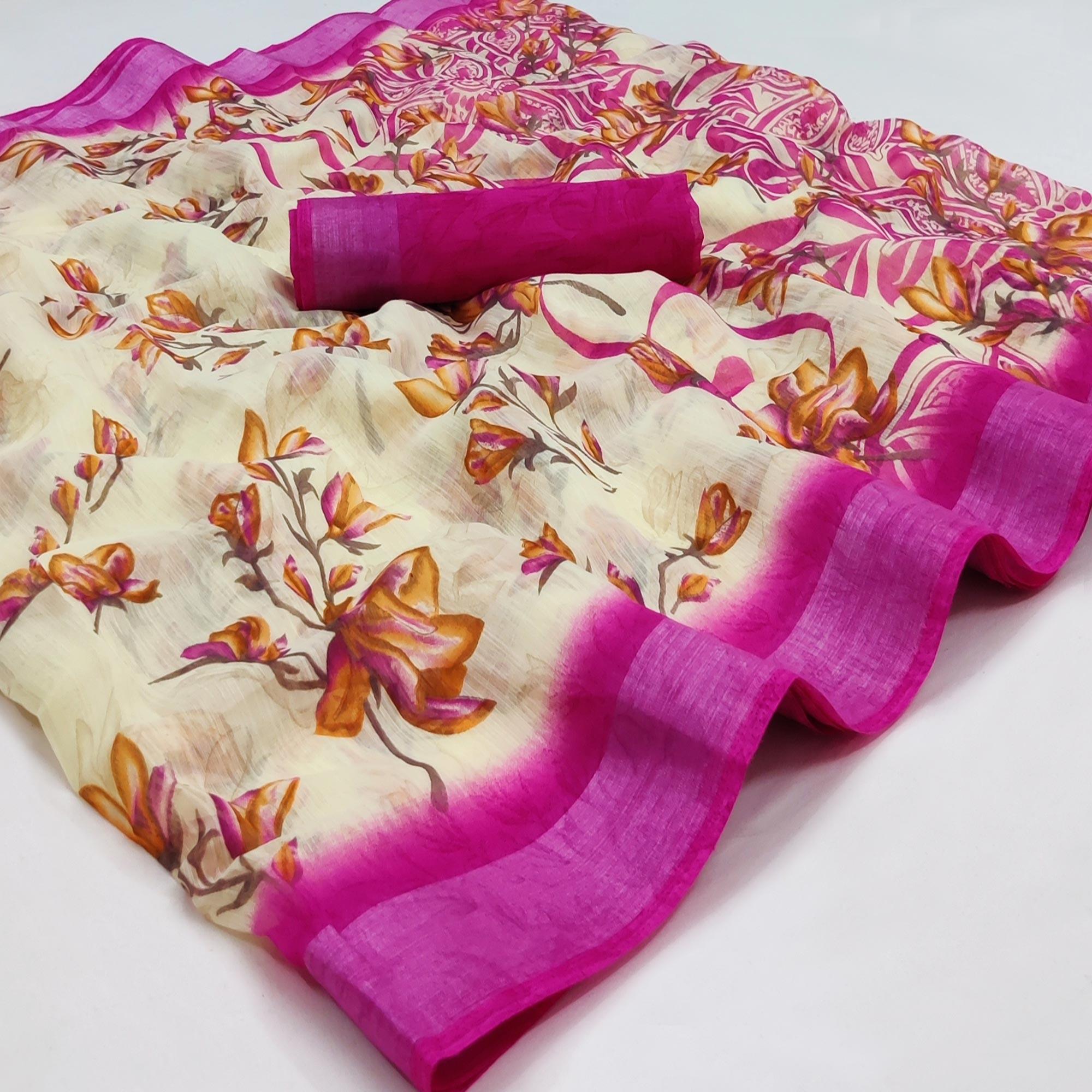 Cream-Rani Pink Printed Linen Saree - Peachmode