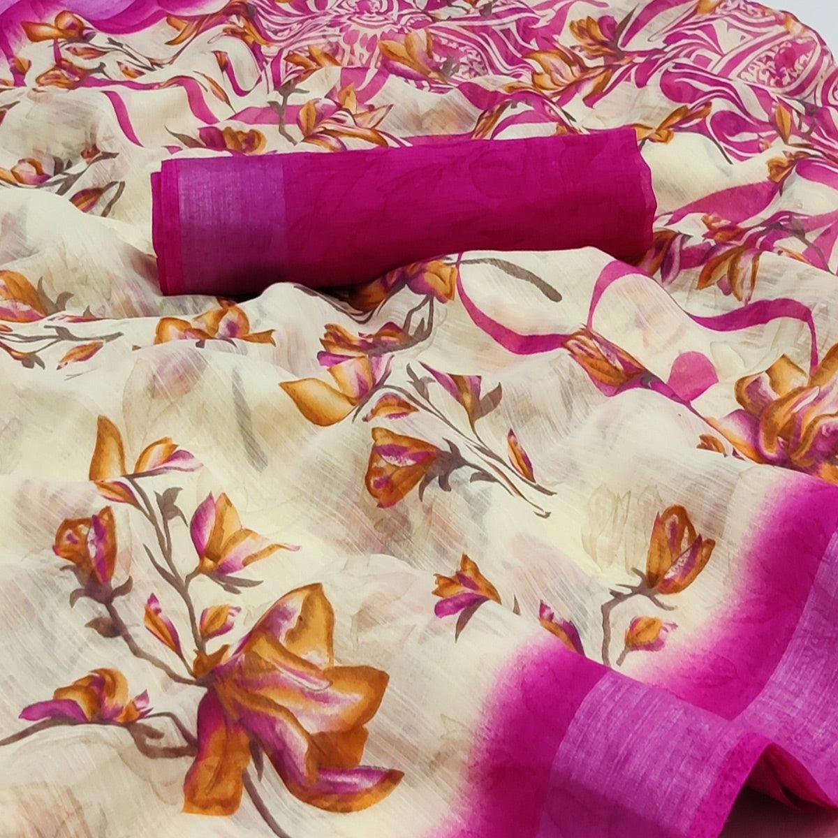 Cream-Rani Pink Printed Linen Saree - Peachmode