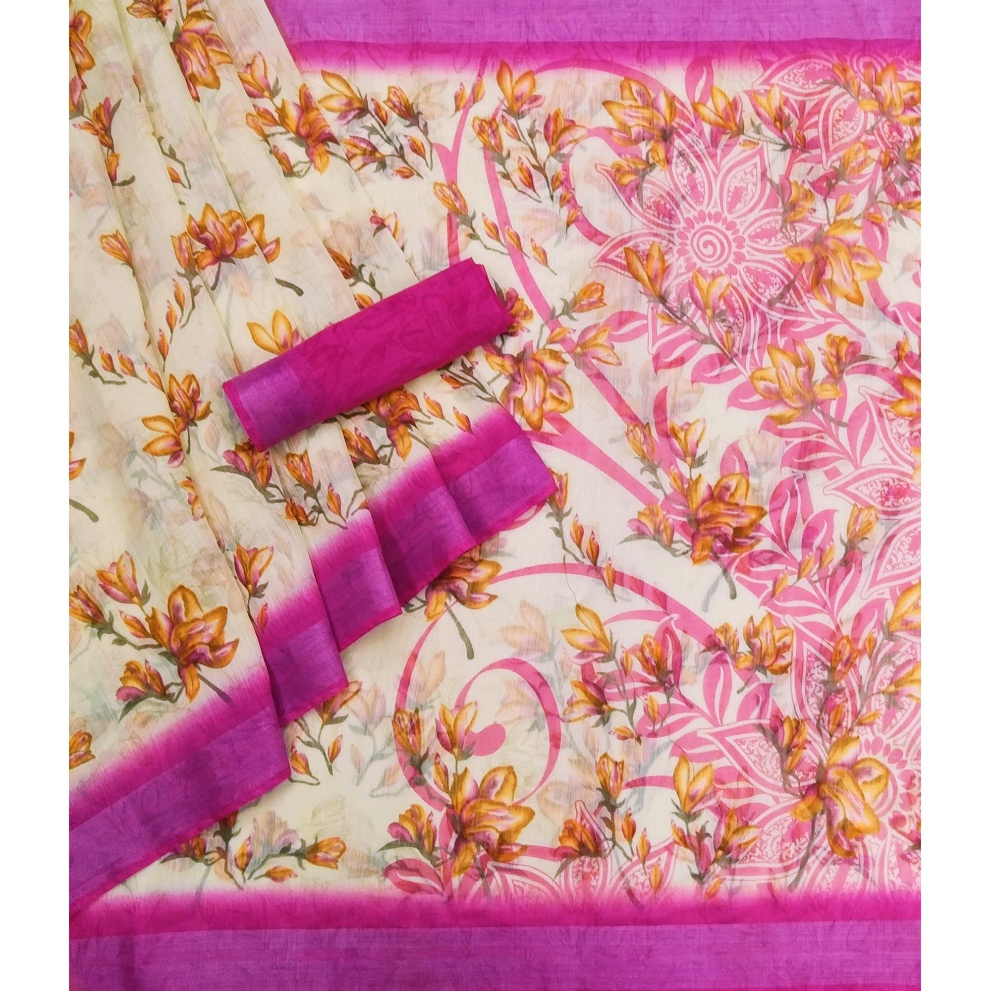 Cream-Rani Pink Printed Linen Saree - Peachmode