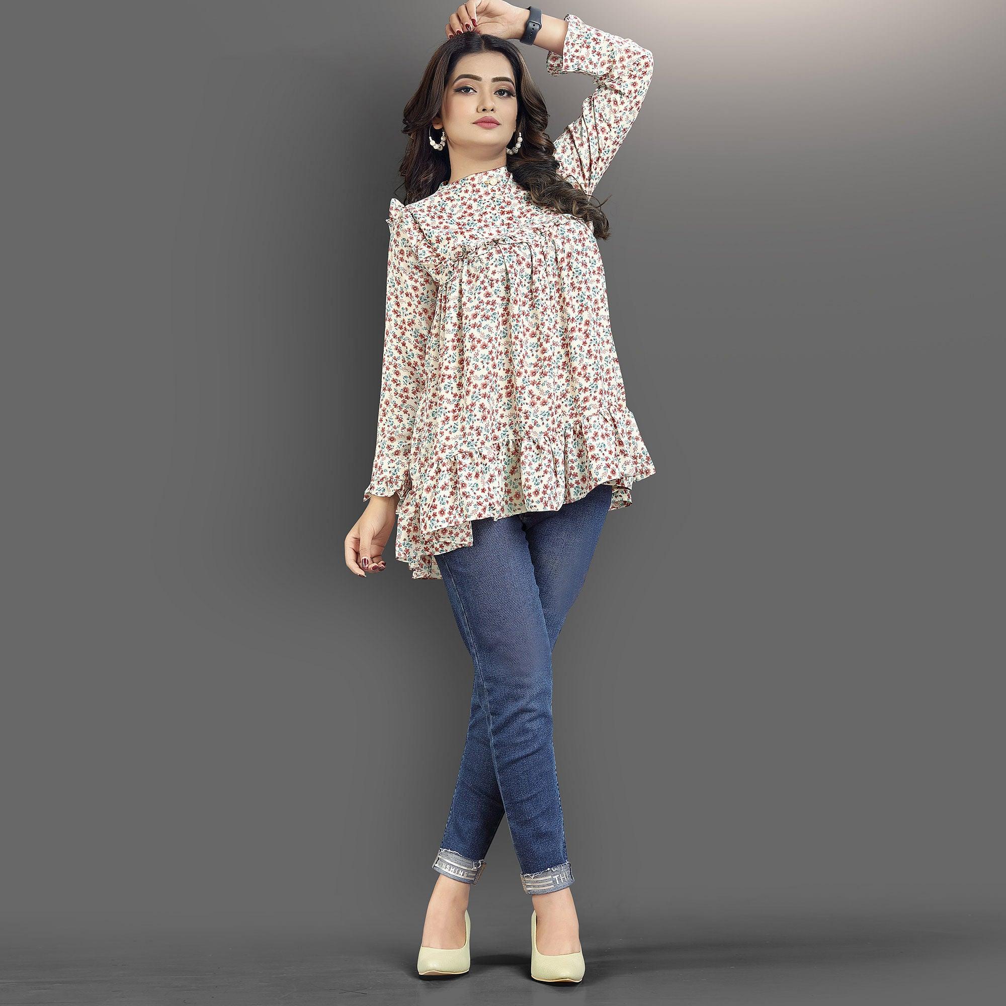 Cream-Red Casual Wear Floral Printed Lycra Top - Peachmode