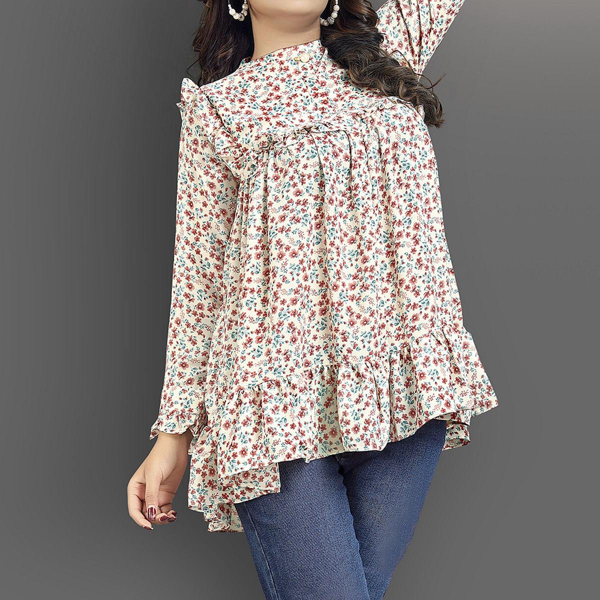 Cream-Red Casual Wear Floral Printed Lycra Top - Peachmode