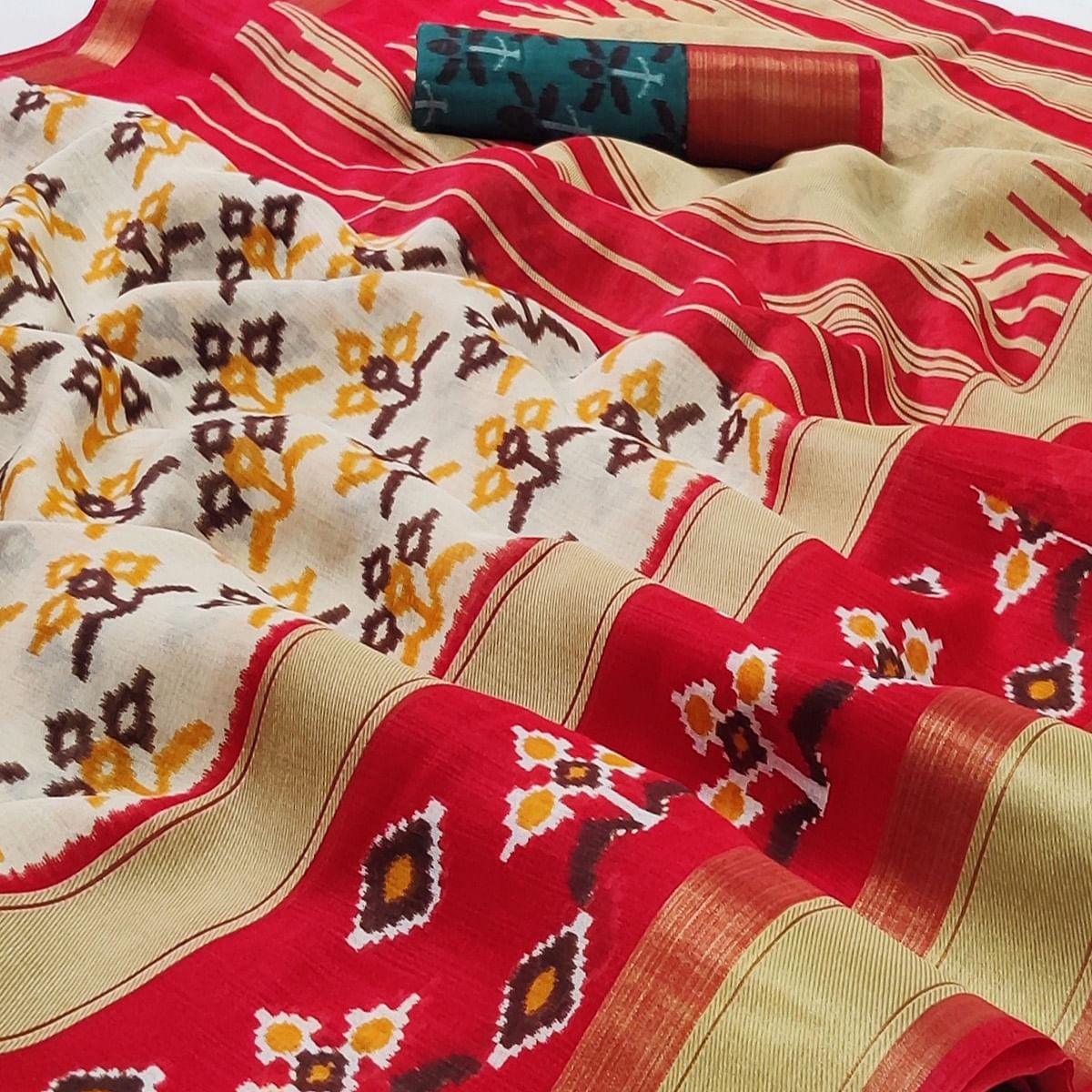 Cream-Red Casual Wear Printed Cotton Saree With Jari Border - Peachmode