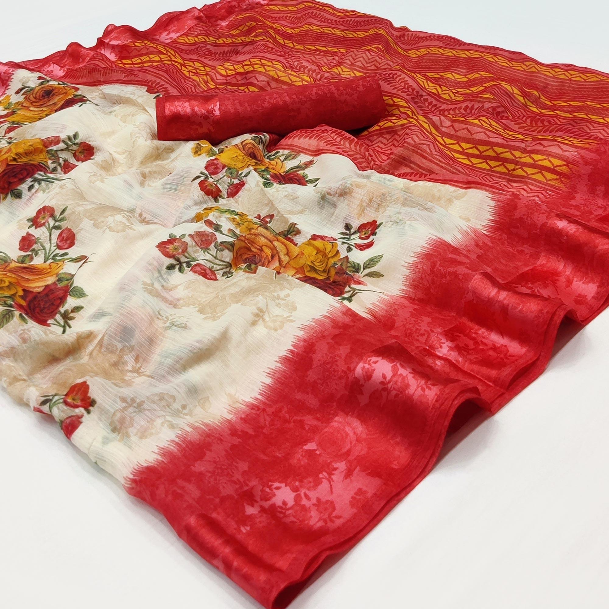 Cream-Red Floral Printed Linen Saree - Peachmode