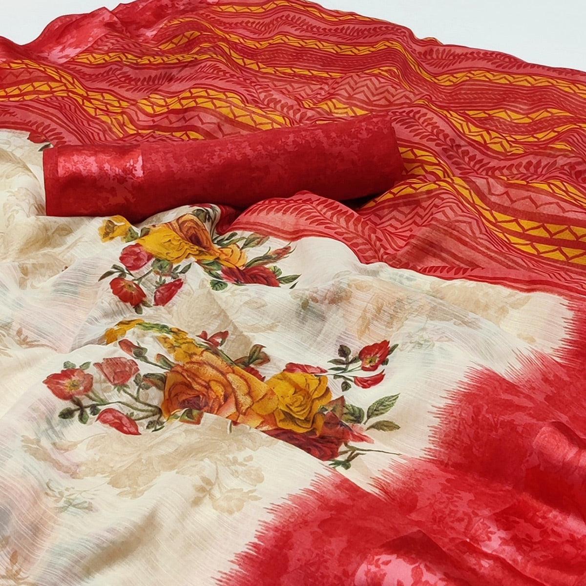 Cream-Red Floral Printed Linen Saree - Peachmode