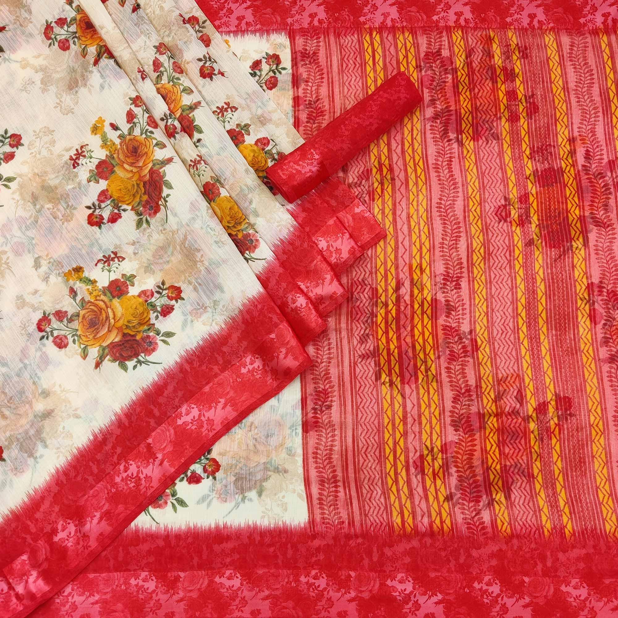Cream-Red Floral Printed Linen Saree - Peachmode