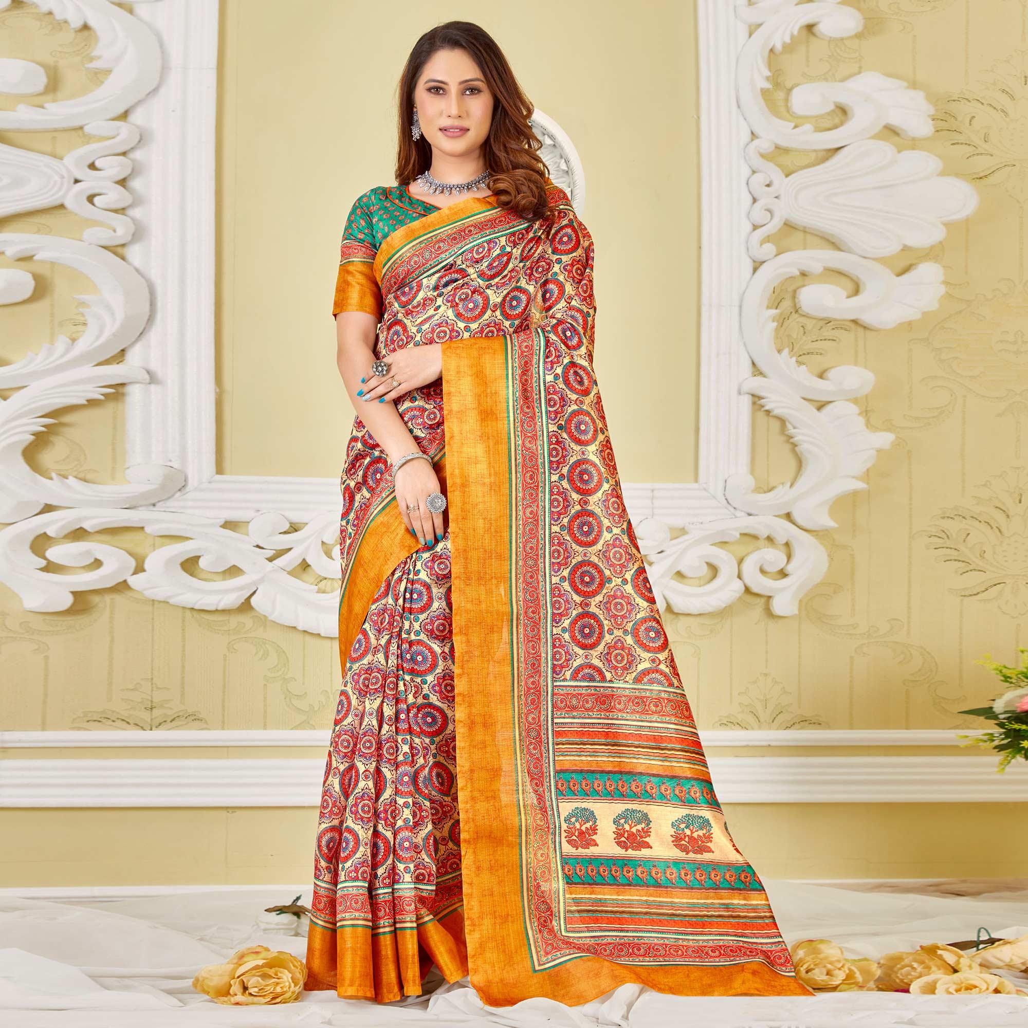 Cream-Red Printed Cotton Saree - Peachmode
