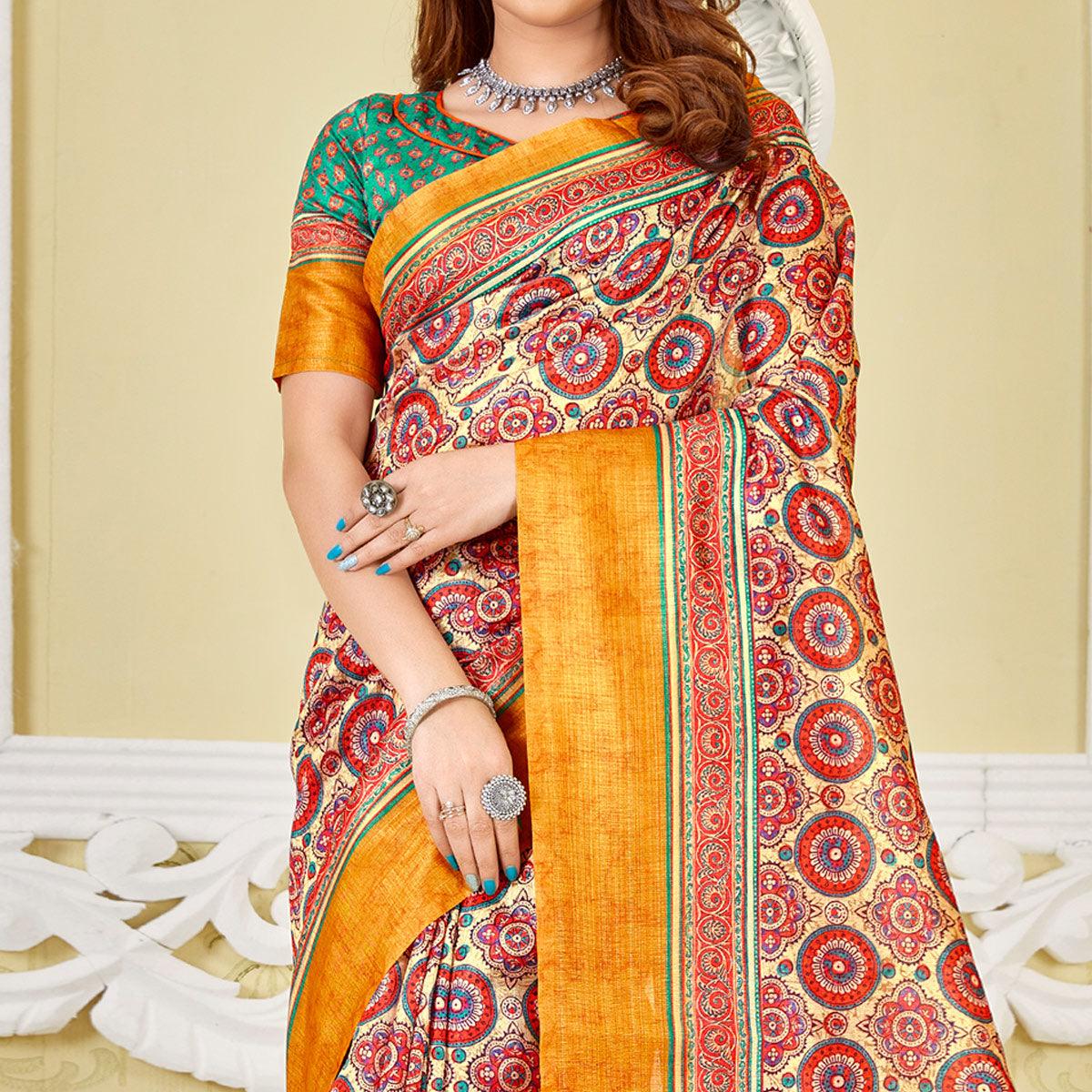 Cream-Red Printed Cotton Saree - Peachmode