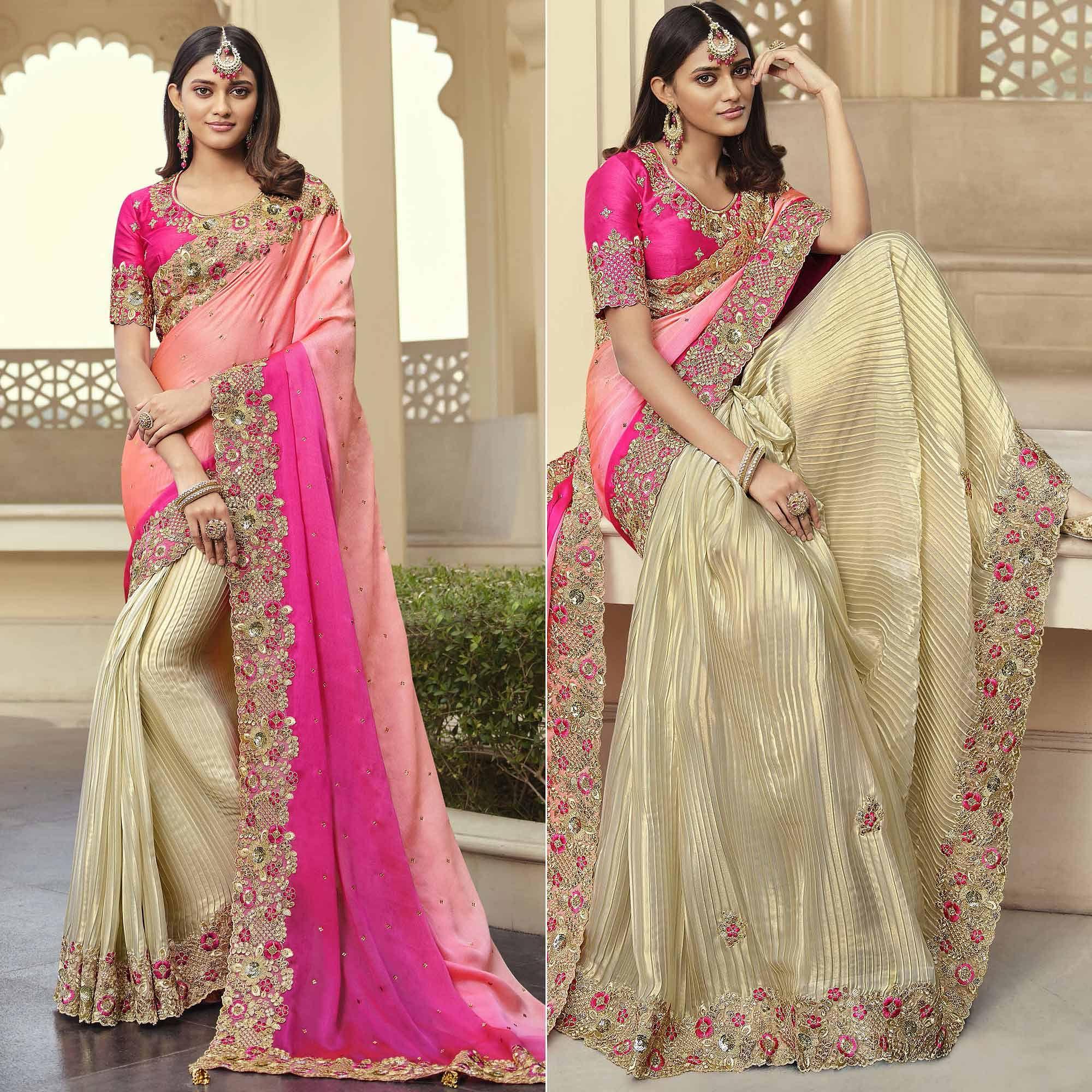 Cream - Rose Pink Party Wear Embroidered Satin Half & Half Saree - Peachmode