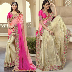 Cream - Rose Pink Party Wear Embroidered Satin Half & Half Saree - Peachmode