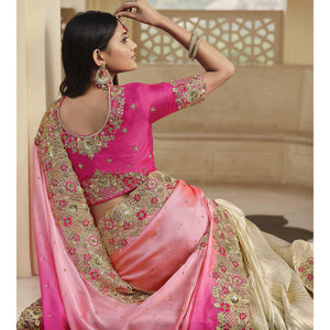 Cream - Rose Pink Party Wear Embroidered Satin Half & Half Saree - Peachmode