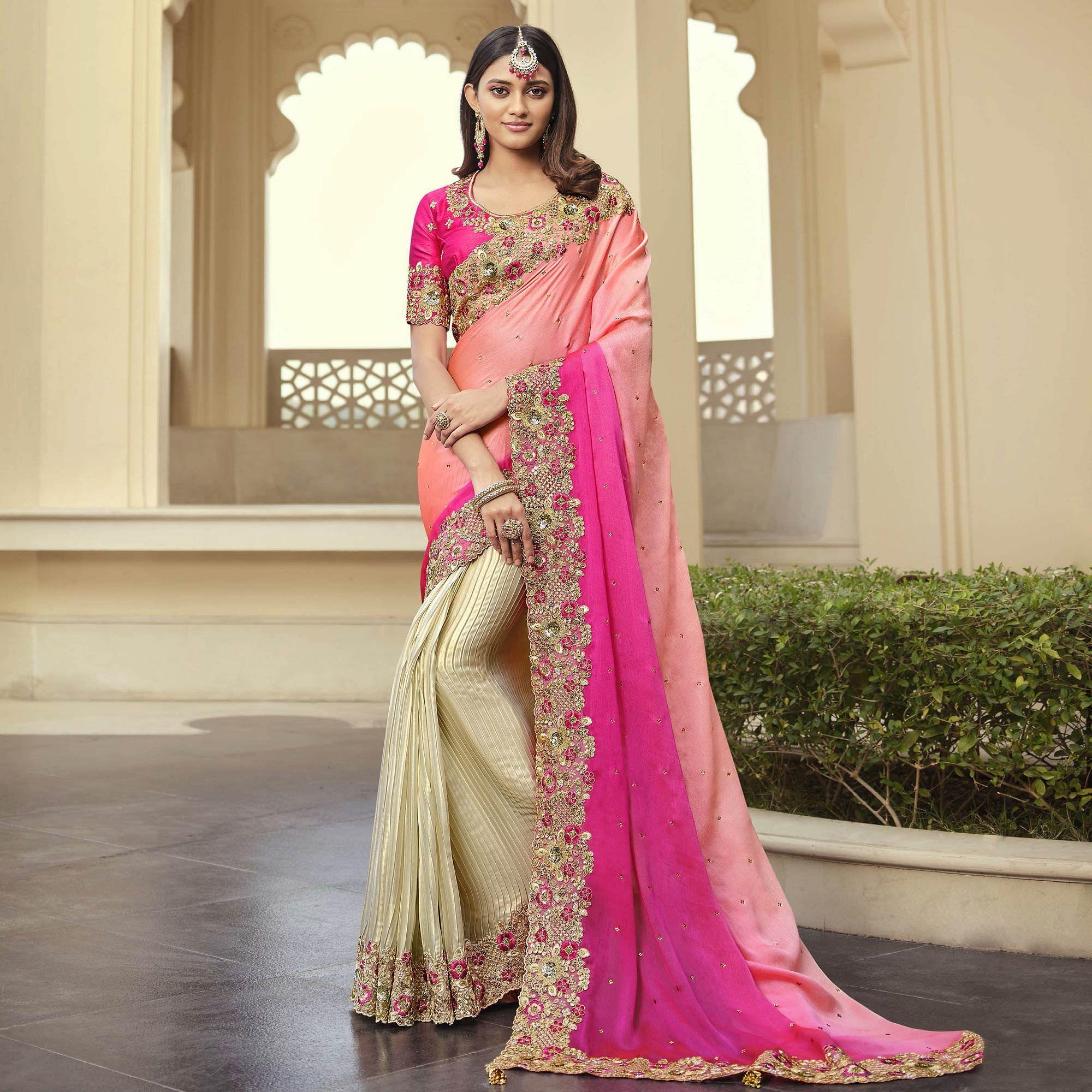 Cream - Rose Pink Party Wear Embroidered Satin Half & Half Saree - Peachmode