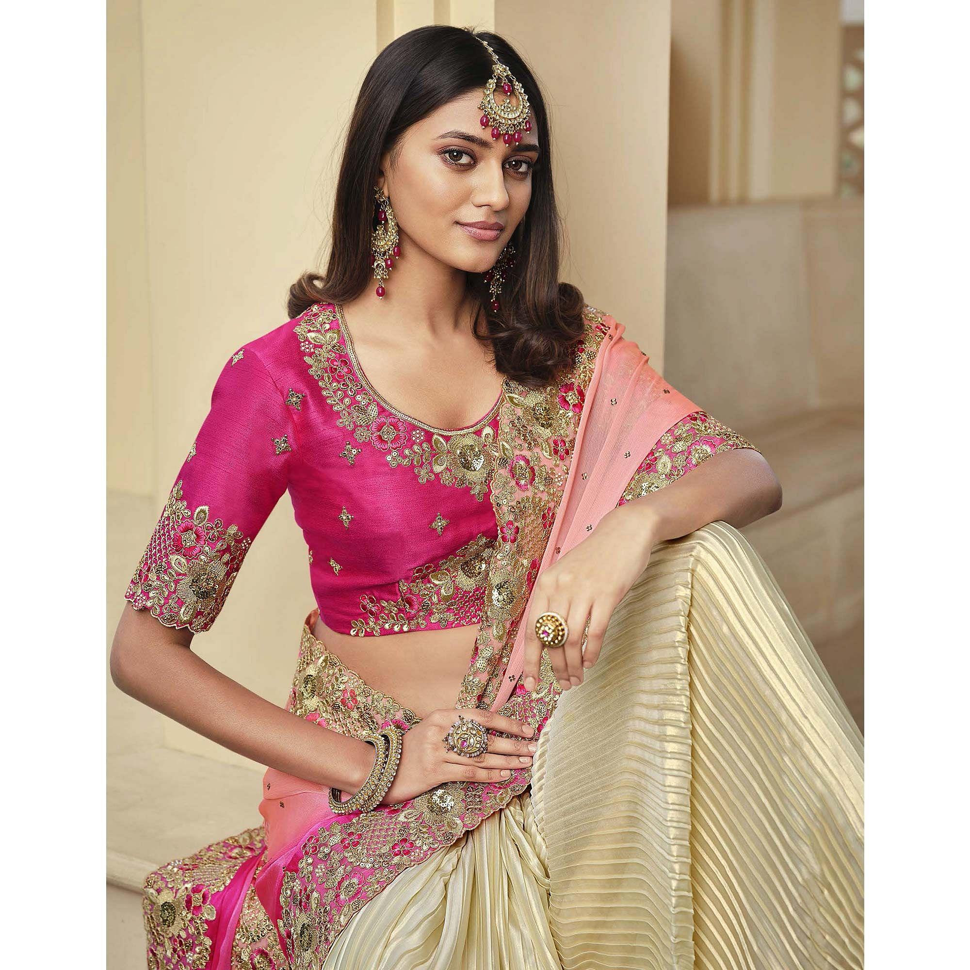 Cream - Rose Pink Party Wear Embroidered Satin Half & Half Saree - Peachmode