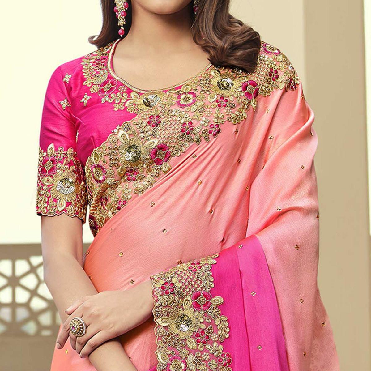 Cream - Rose Pink Party Wear Embroidered Satin Half & Half Saree - Peachmode