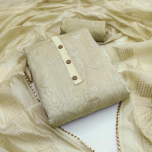 Cream Sequence Embroidered Chanderi Dress Material - Peachmode
