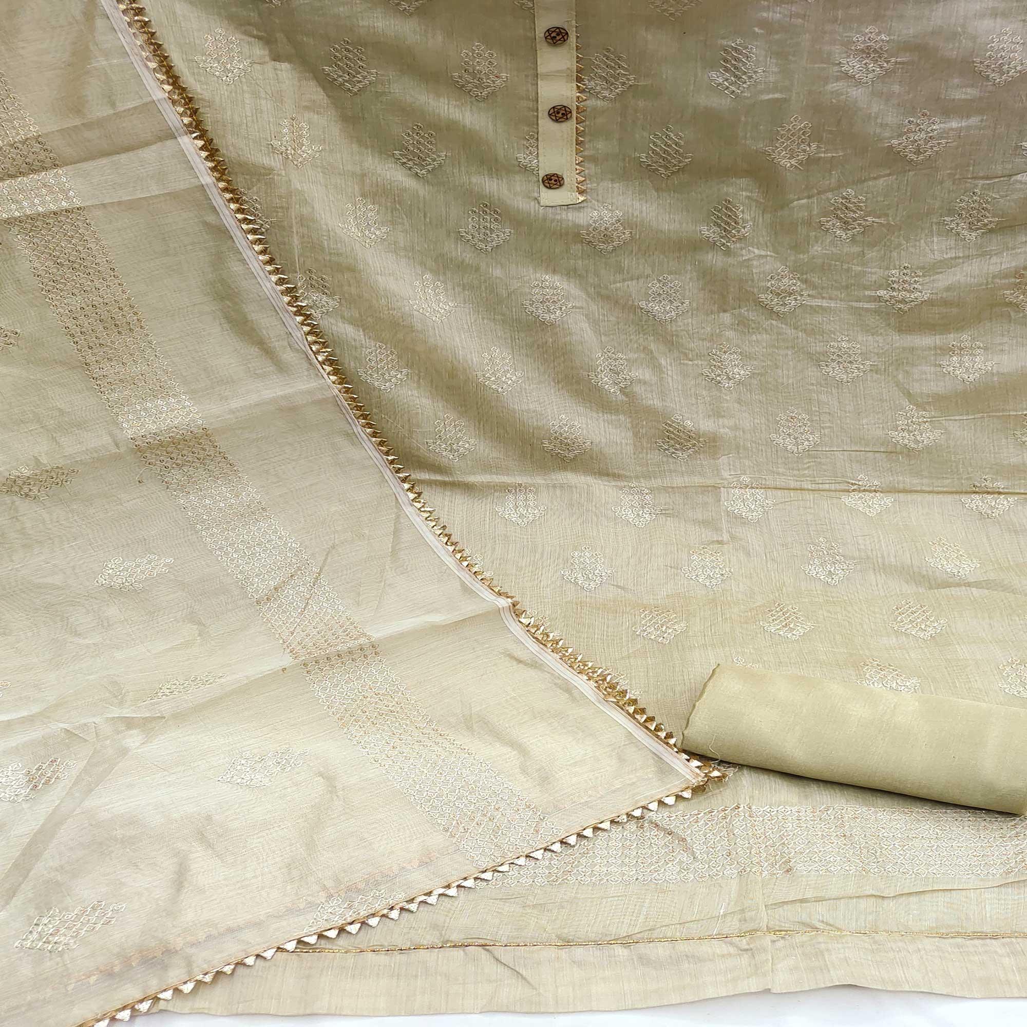 Cream Sequence Embroidered Chanderi Dress Material - Peachmode