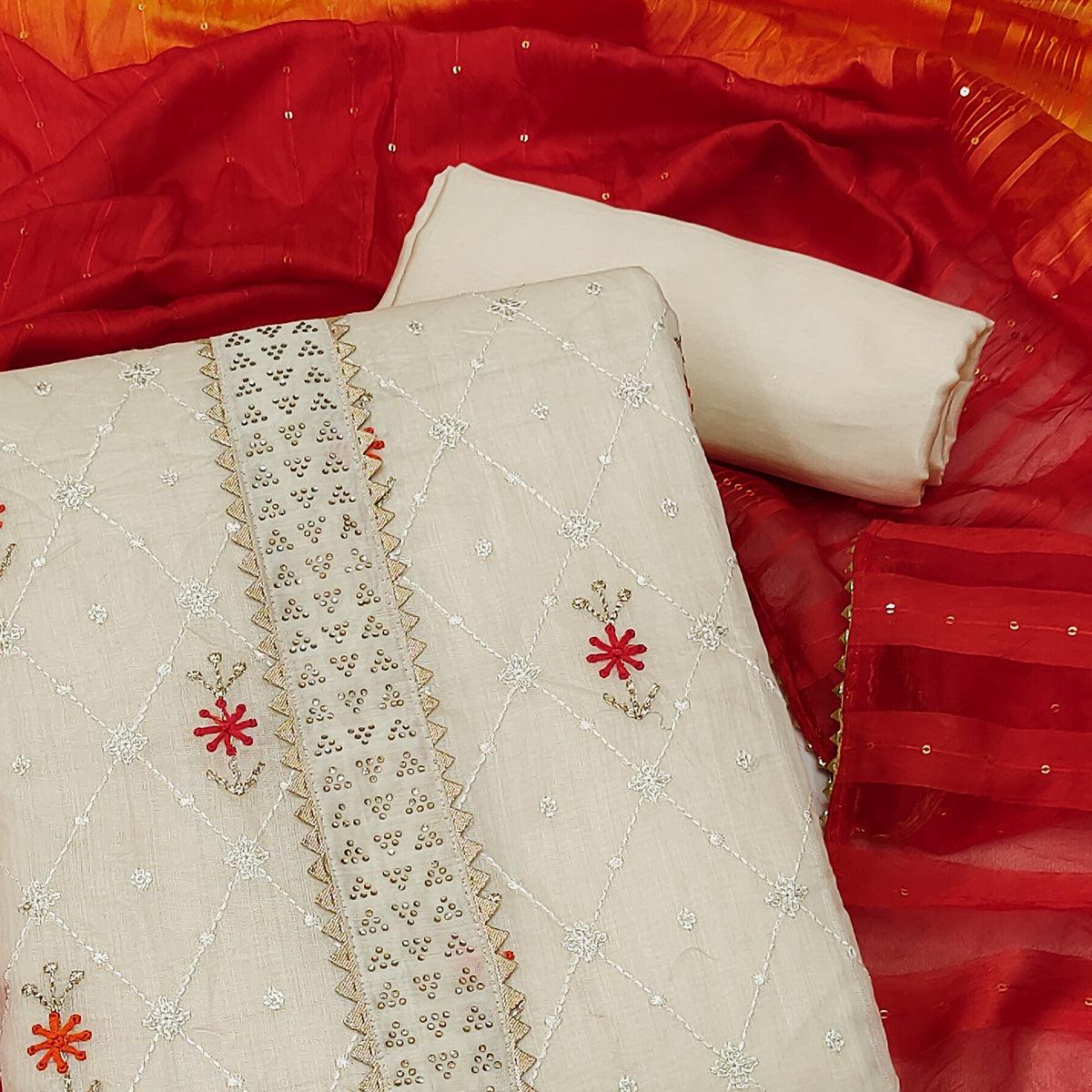 Cream Sequence Embroidered Chanderi Dress Material - Peachmode
