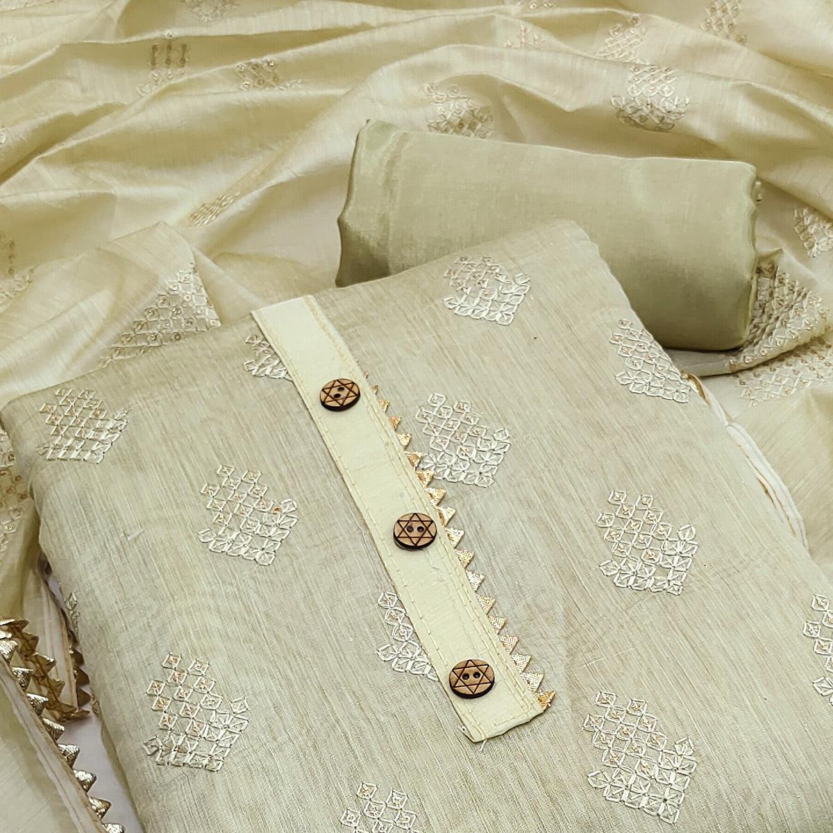 Cream Sequence Embroidered Chanderi Dress Material - Peachmode