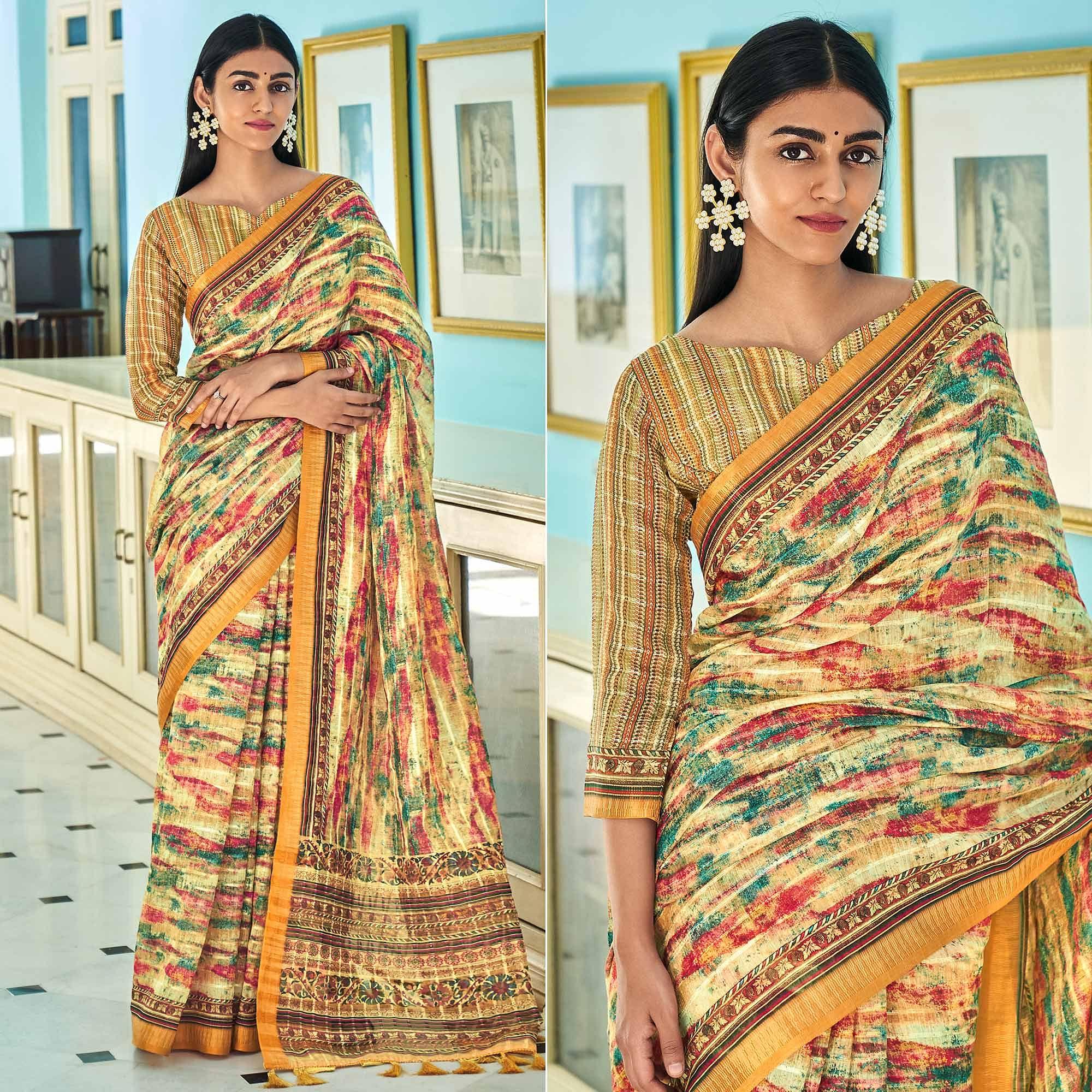 Cream Sequence Embroidered Linen Saree - Peachmode