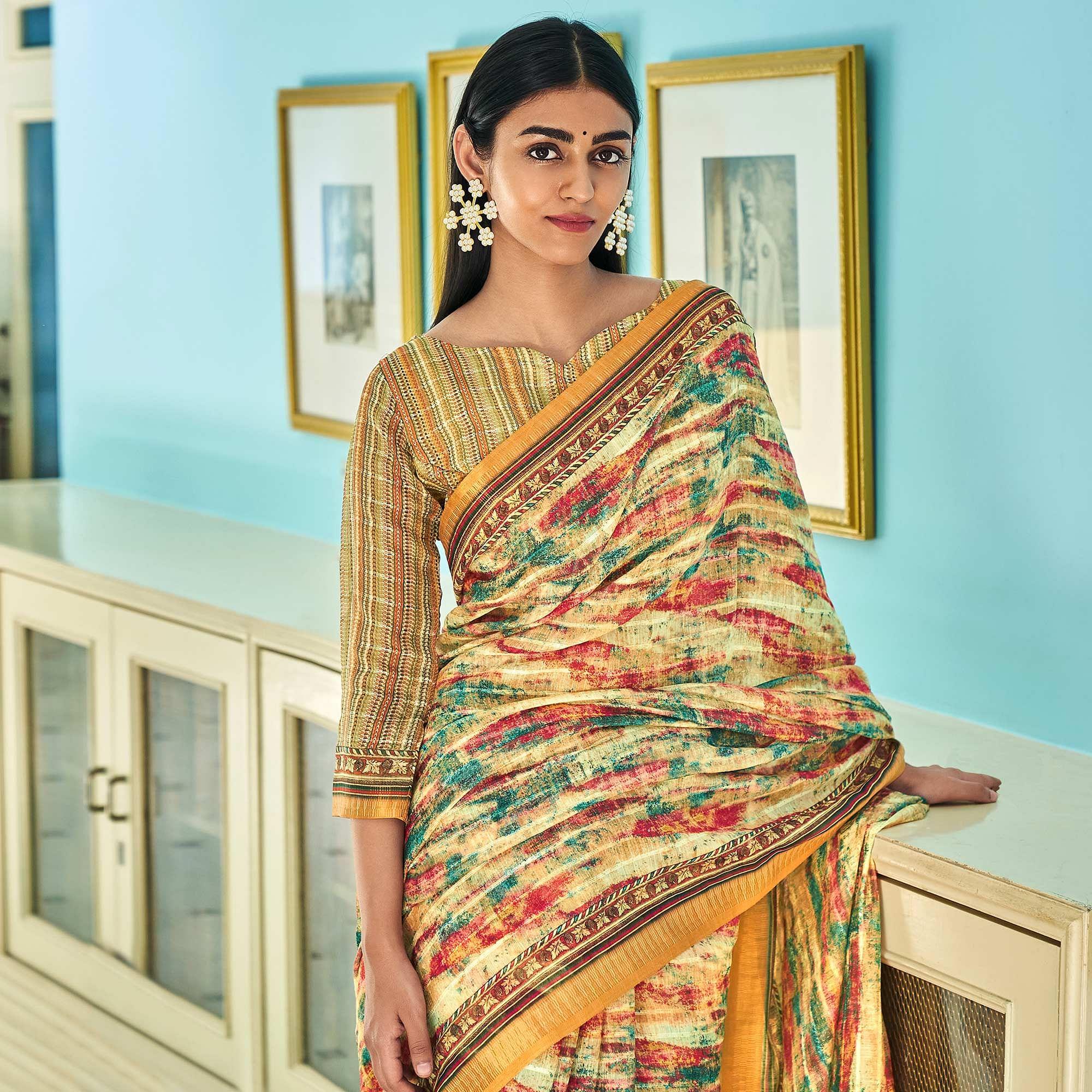 Cream Sequence Embroidered Linen Saree - Peachmode