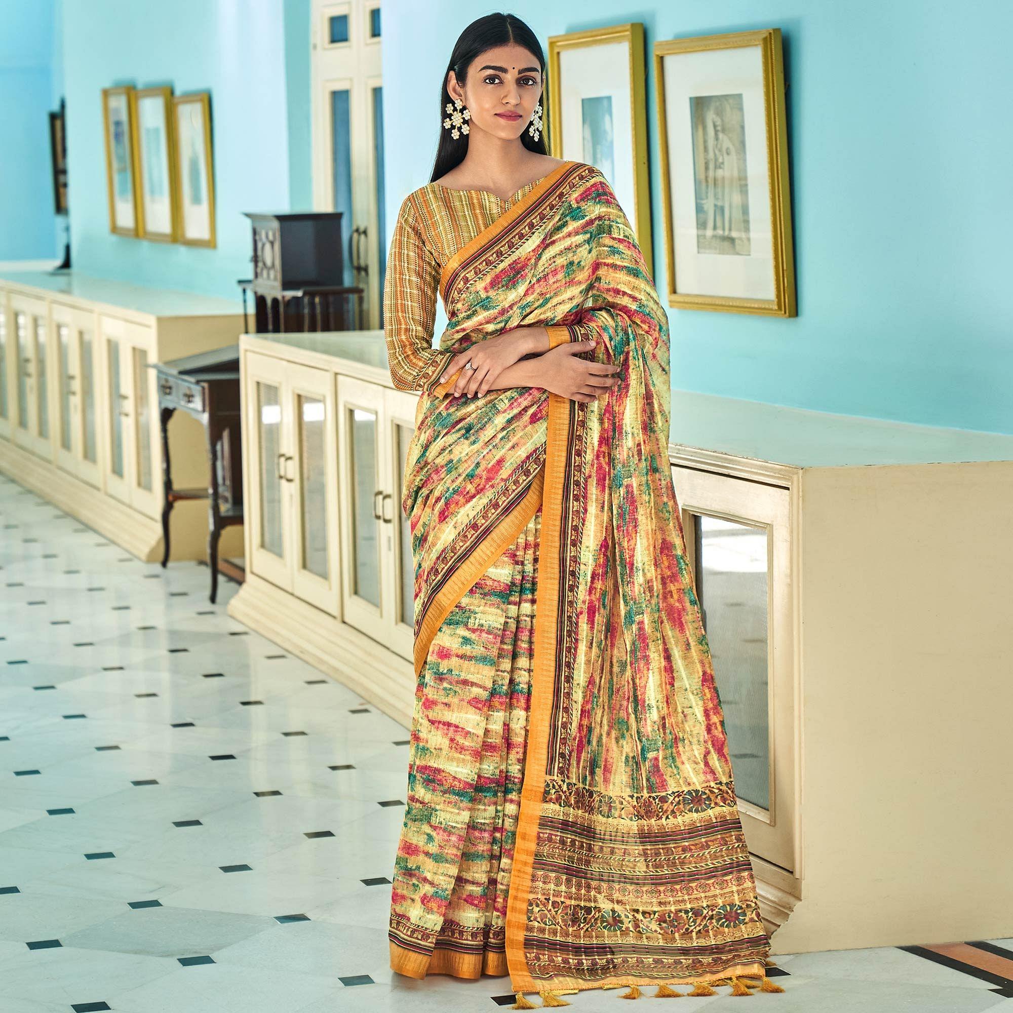 Cream Sequence Embroidered Linen Saree - Peachmode