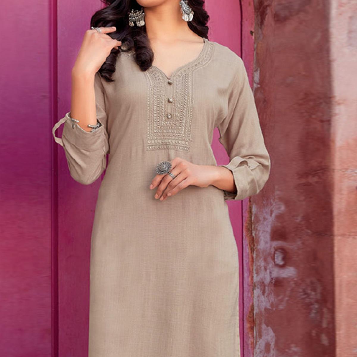Cream Sequence Embroidered Pure Cotton Kurti - Peachmode