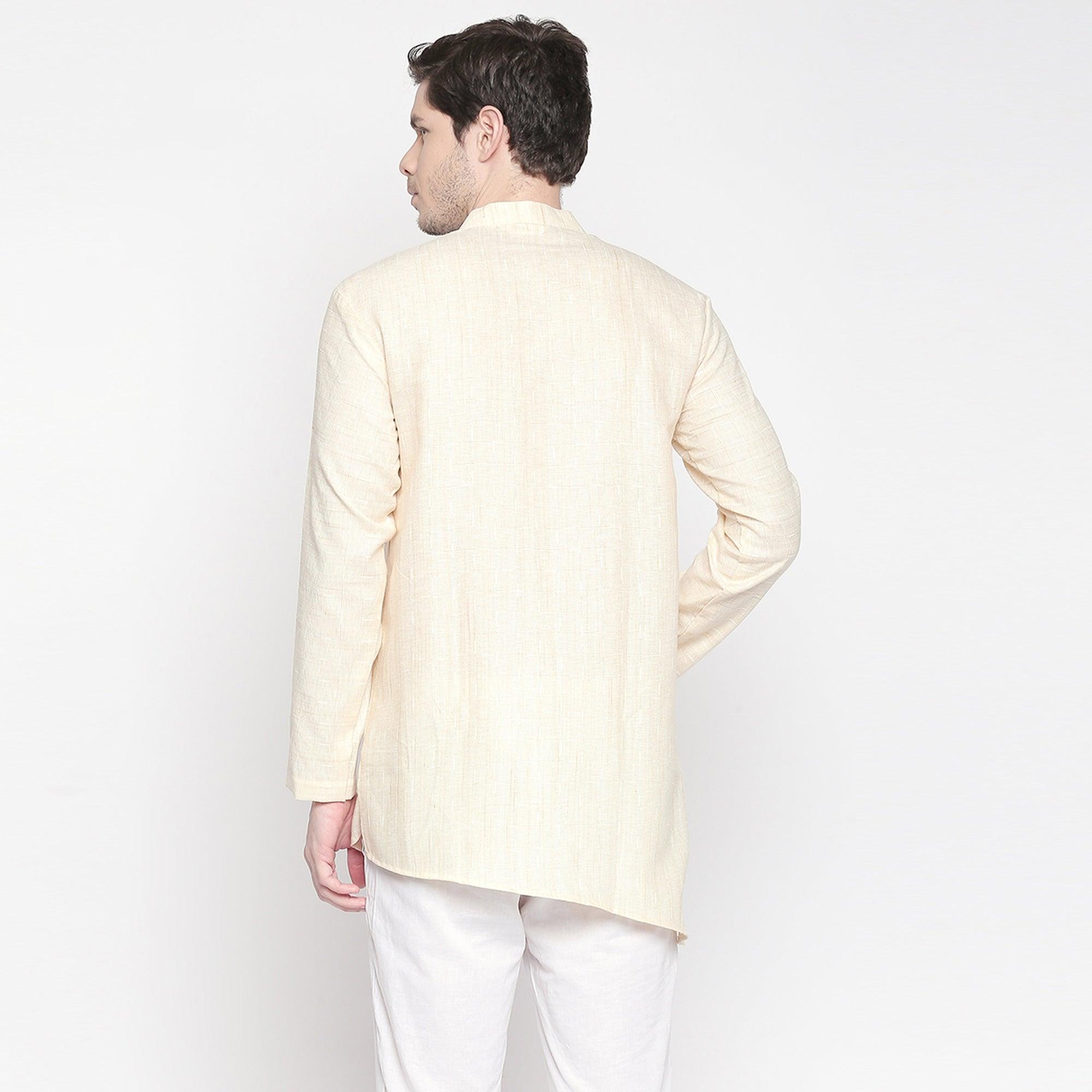 Cream Solid Pure Cotton Short Kurta - Peachmode