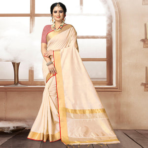 Cream Solid With Striped Printed Cotton Silk Saree - Peachmode