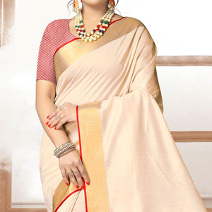 Cream Solid With Striped Printed Cotton Silk Saree - Peachmode