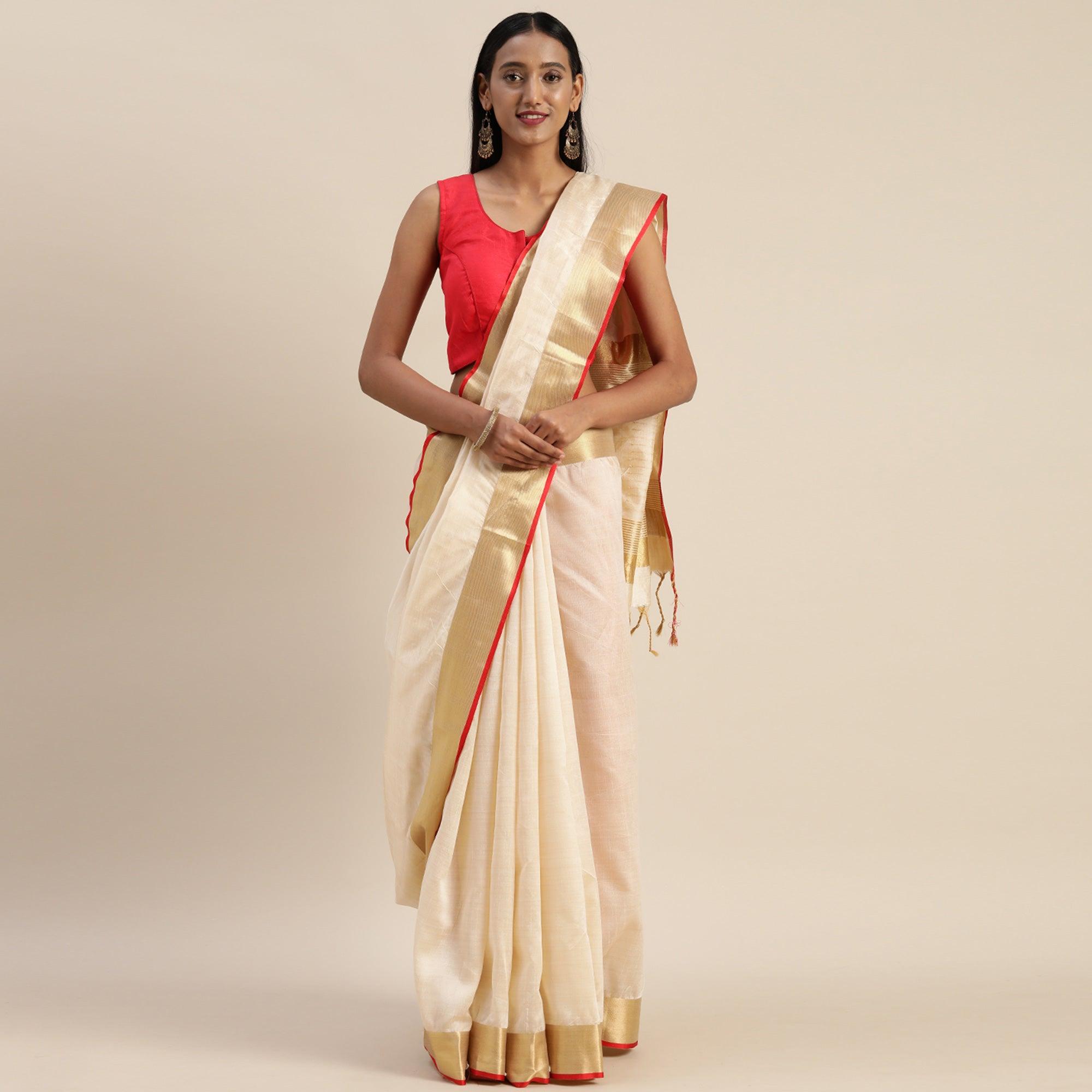 Cream Solid With Striped Printed Cotton Silk Saree - Peachmode