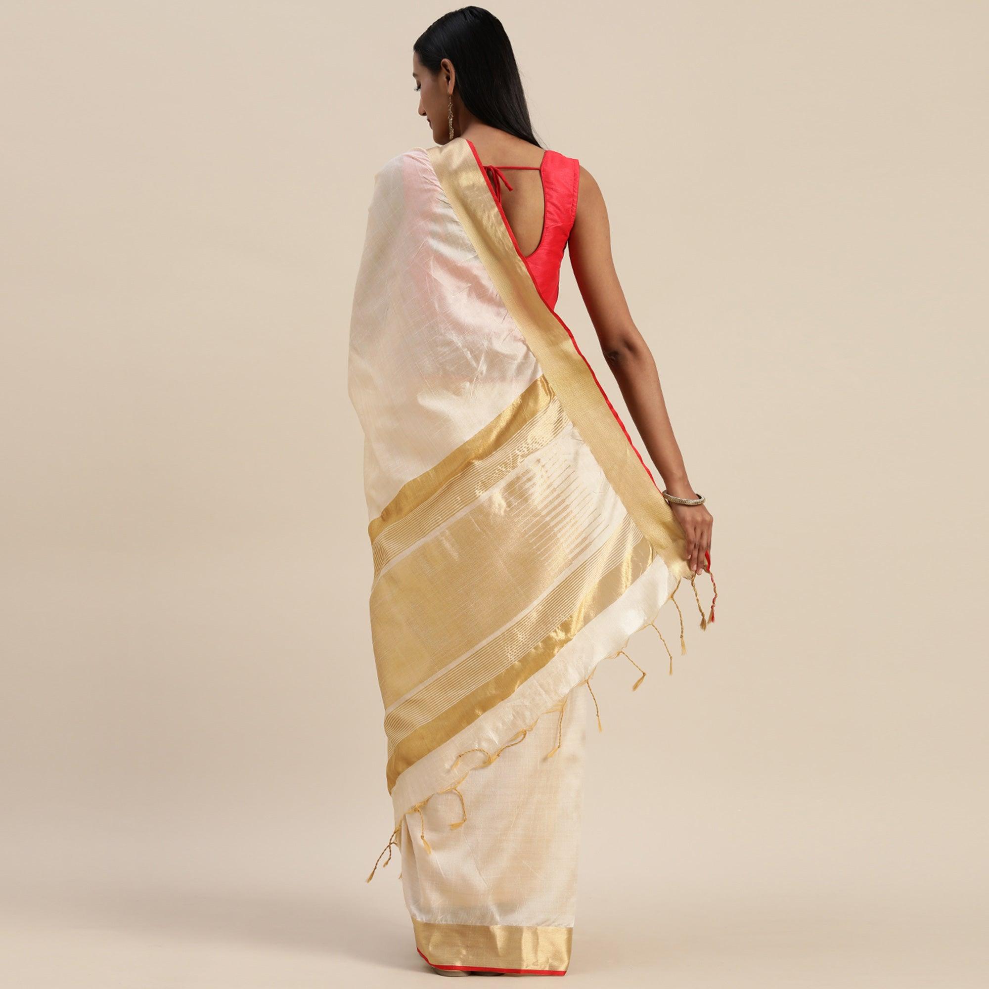 Cream Solid With Striped Printed Cotton Silk Saree - Peachmode
