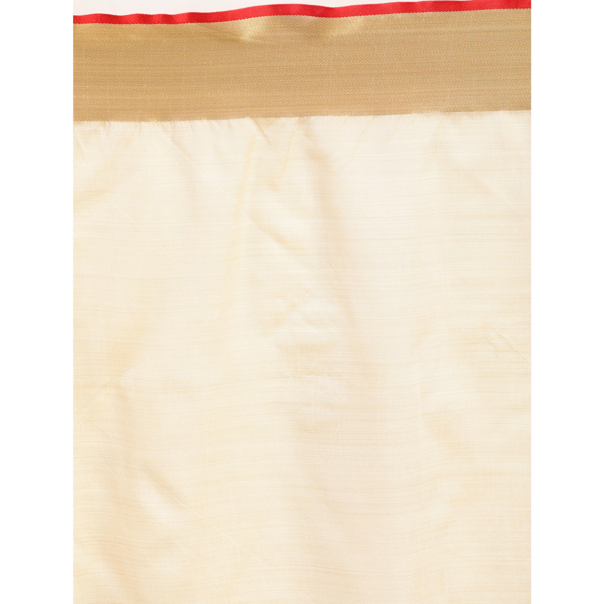 Cream Solid With Striped Printed Cotton Silk Saree - Peachmode