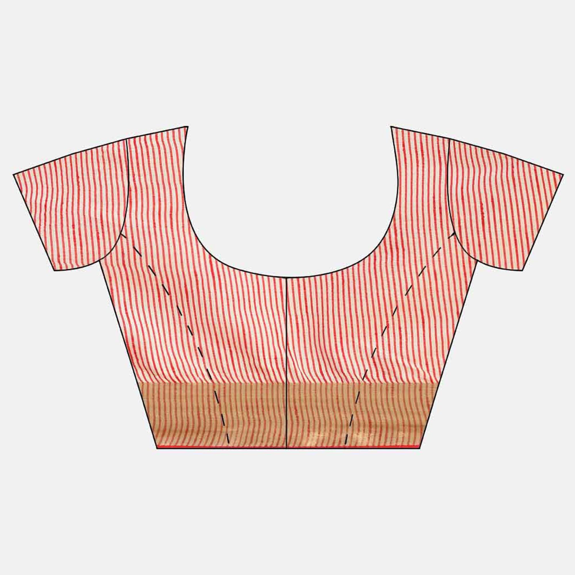 Cream Solid With Striped Printed Cotton Silk Saree - Peachmode