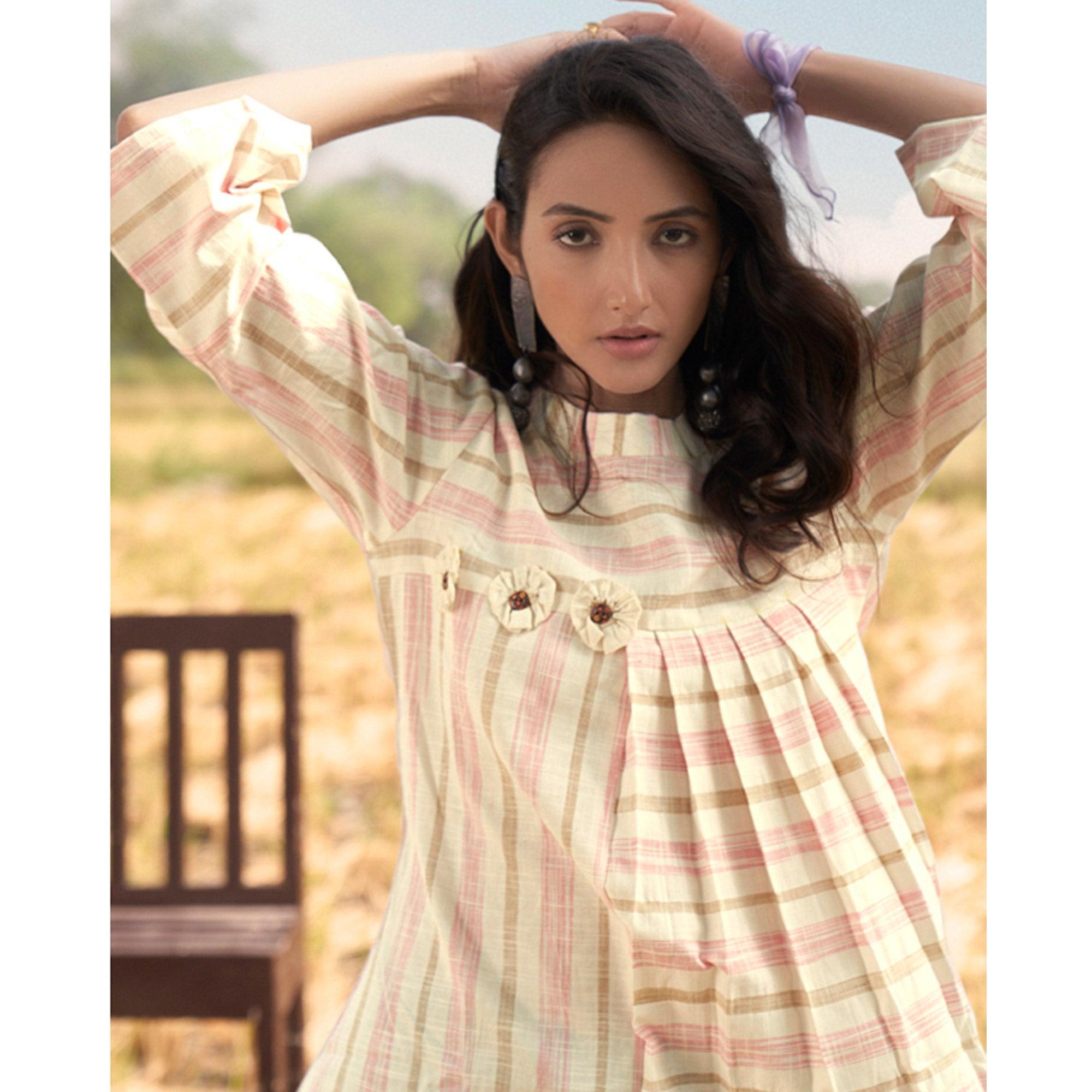 Cream Stripes Printed Poly Cotton Top Bottom Set - Peachmode